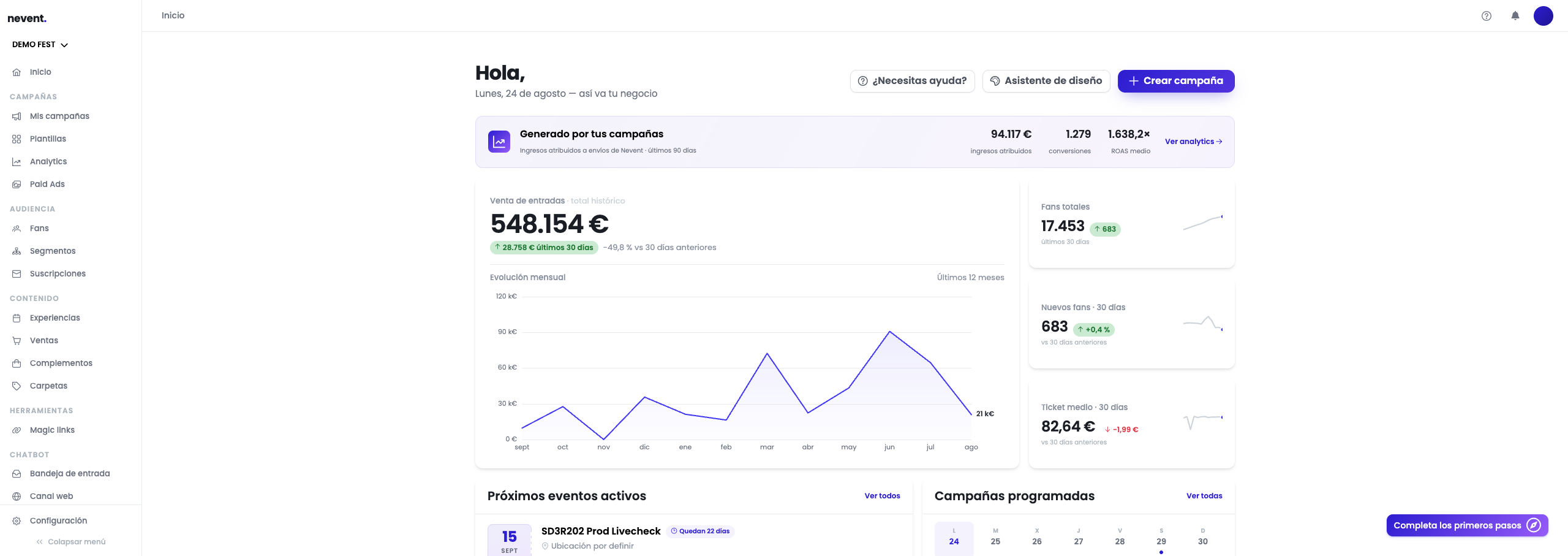 Demo Fest Home dashboard with the attributed revenue band at the top, the ticket sales card with its monthly chart on the left, the three fan and average ticket indicators on the right, and the upcoming events and scheduled campaigns blocks below