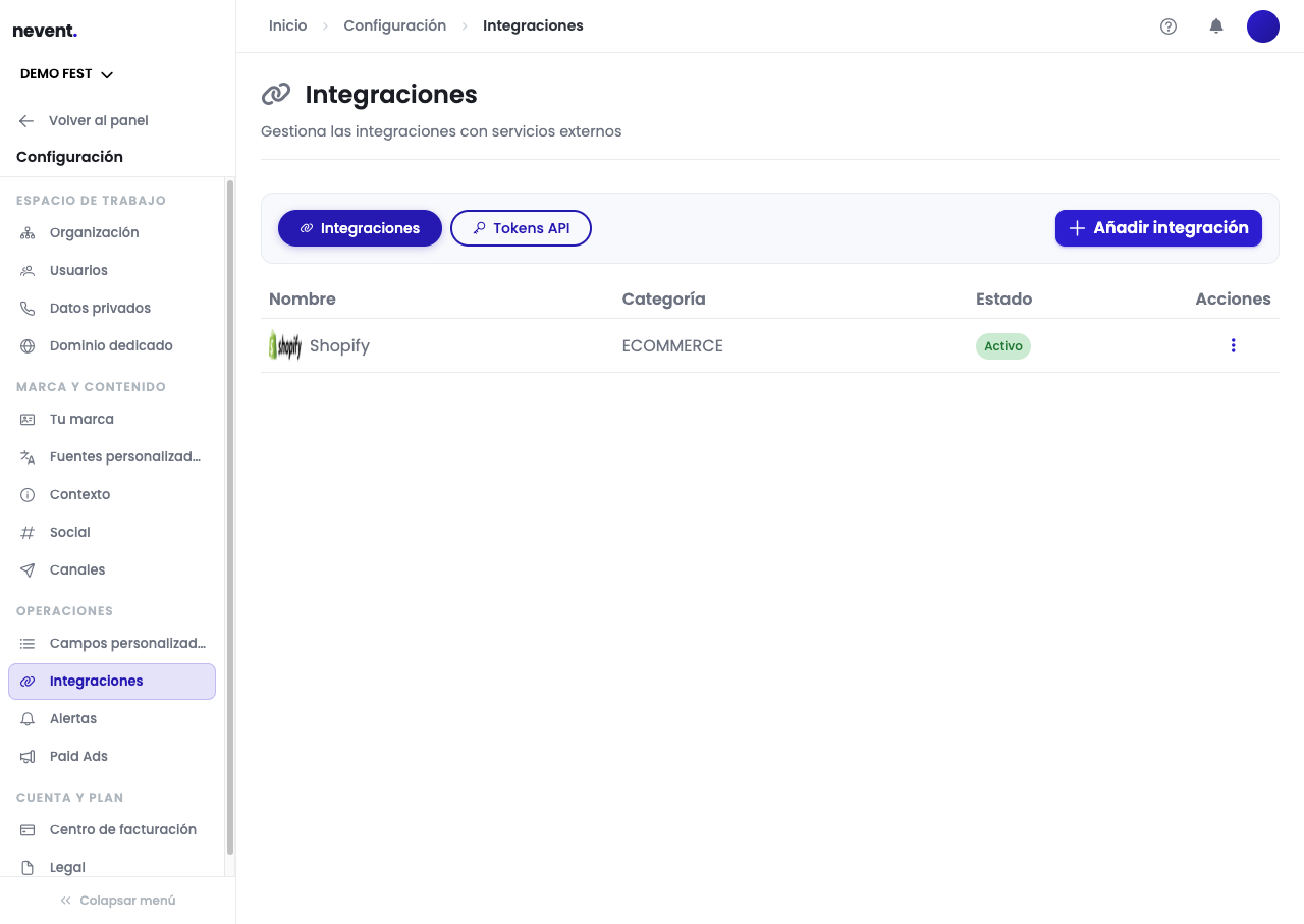 Pantalla de Integraciones de Nevent con una integración de Shopify activa y el botón "Añadir integración" en la esquina superior derecha