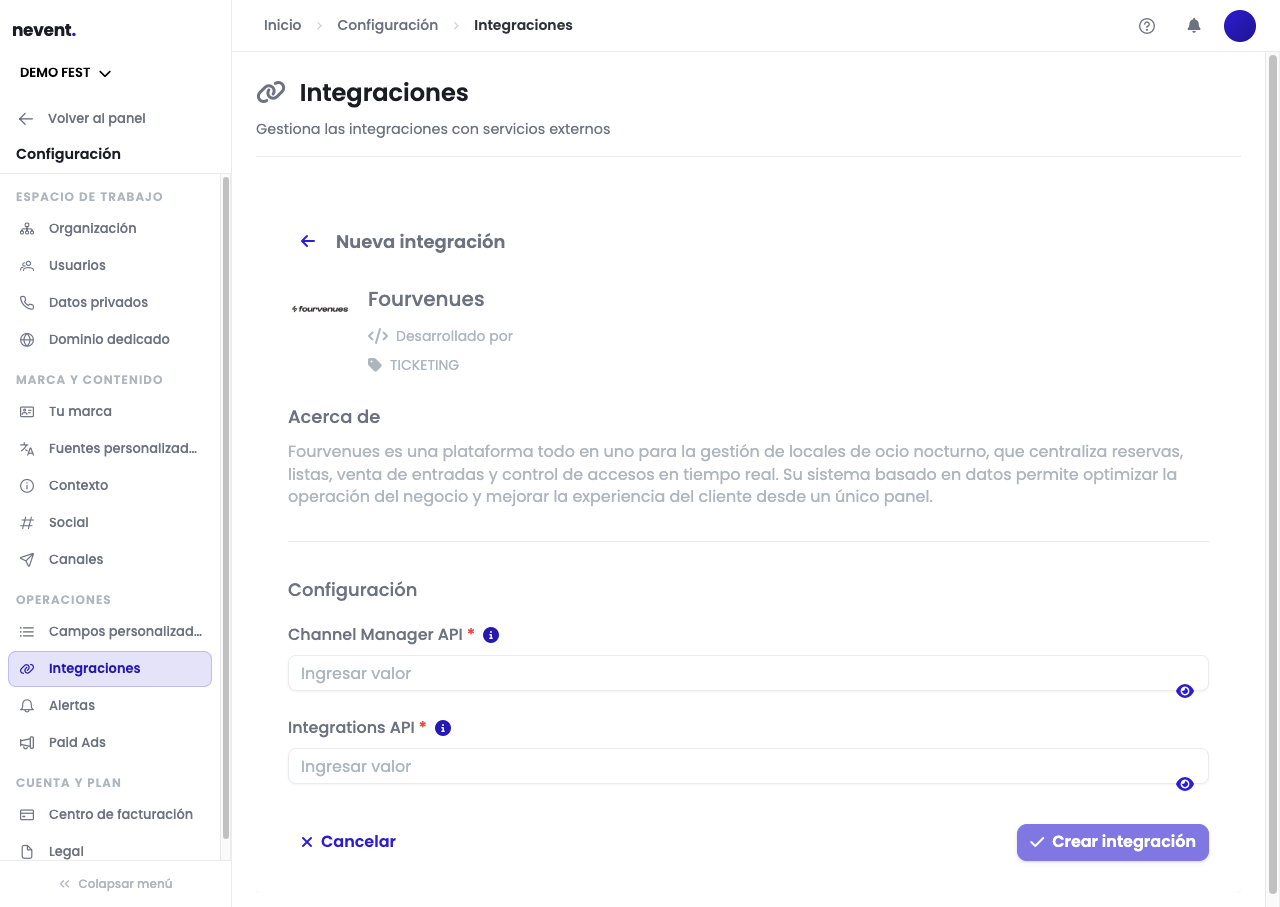 Formulario de configuración de Fourvenues con los campos "Channel Manager API" e "Integrations API" y el botón "Crear integración"