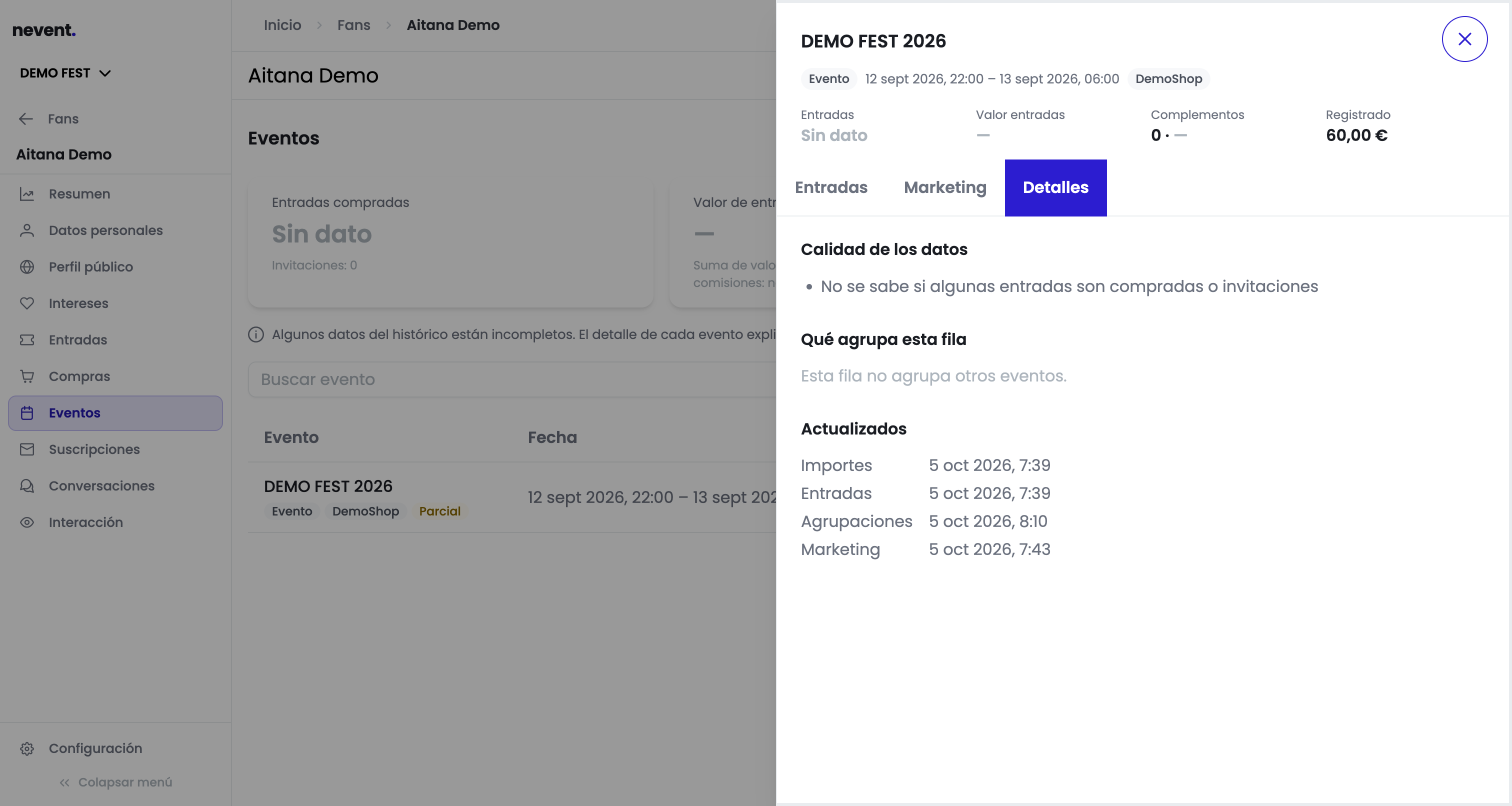 Pestaña Detalles del panel con los bloques Calidad de los datos, Qué agrupa esta fila y Actualizados con las fechas de importes, entradas, agrupaciones y marketing