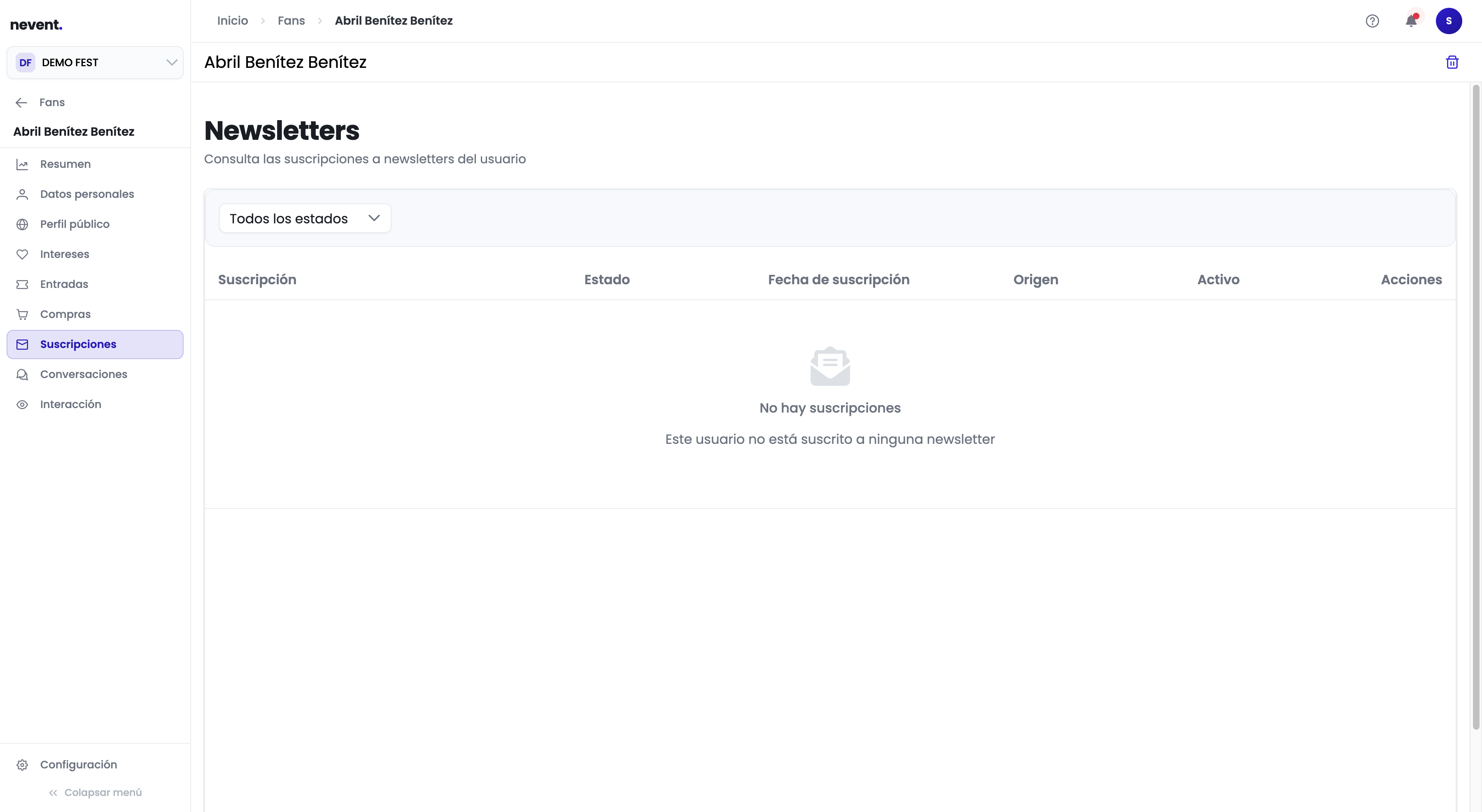 Sección Suscripciones de Abril Benítez Benítez con la tabla vacía y el mensaje "Este usuario no está suscrito a ninguna newsletter"
