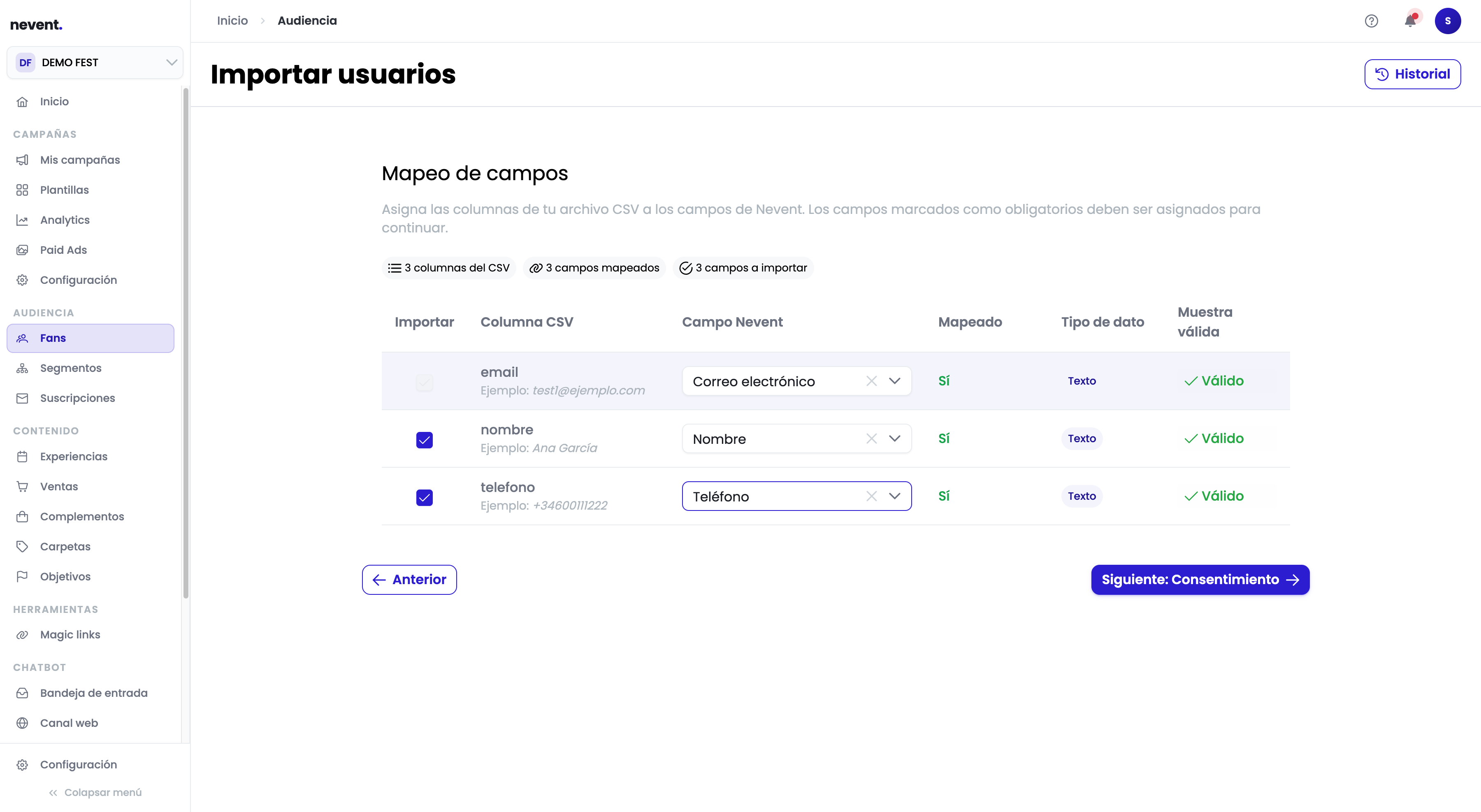 Mapeo de campos completado: las tres columnas (email, nombre, telefono) están asignadas a sus campos de Nevent correspondientes, todas con indicador "Sí" y "Válido"