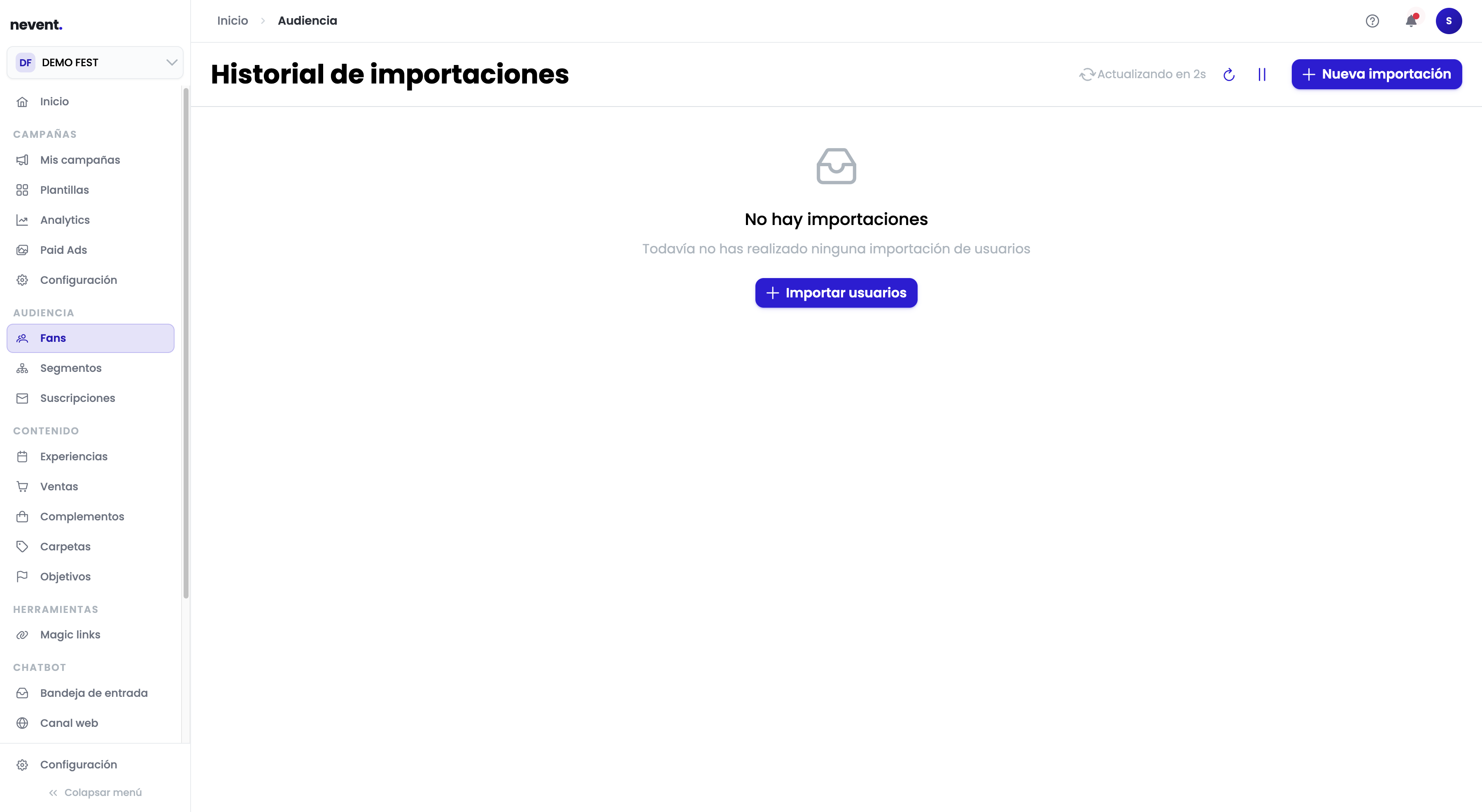 Pantalla "Historial de importaciones" en estado vacío, con el mensaje "No hay importaciones" y el botón "Importar usuarios"