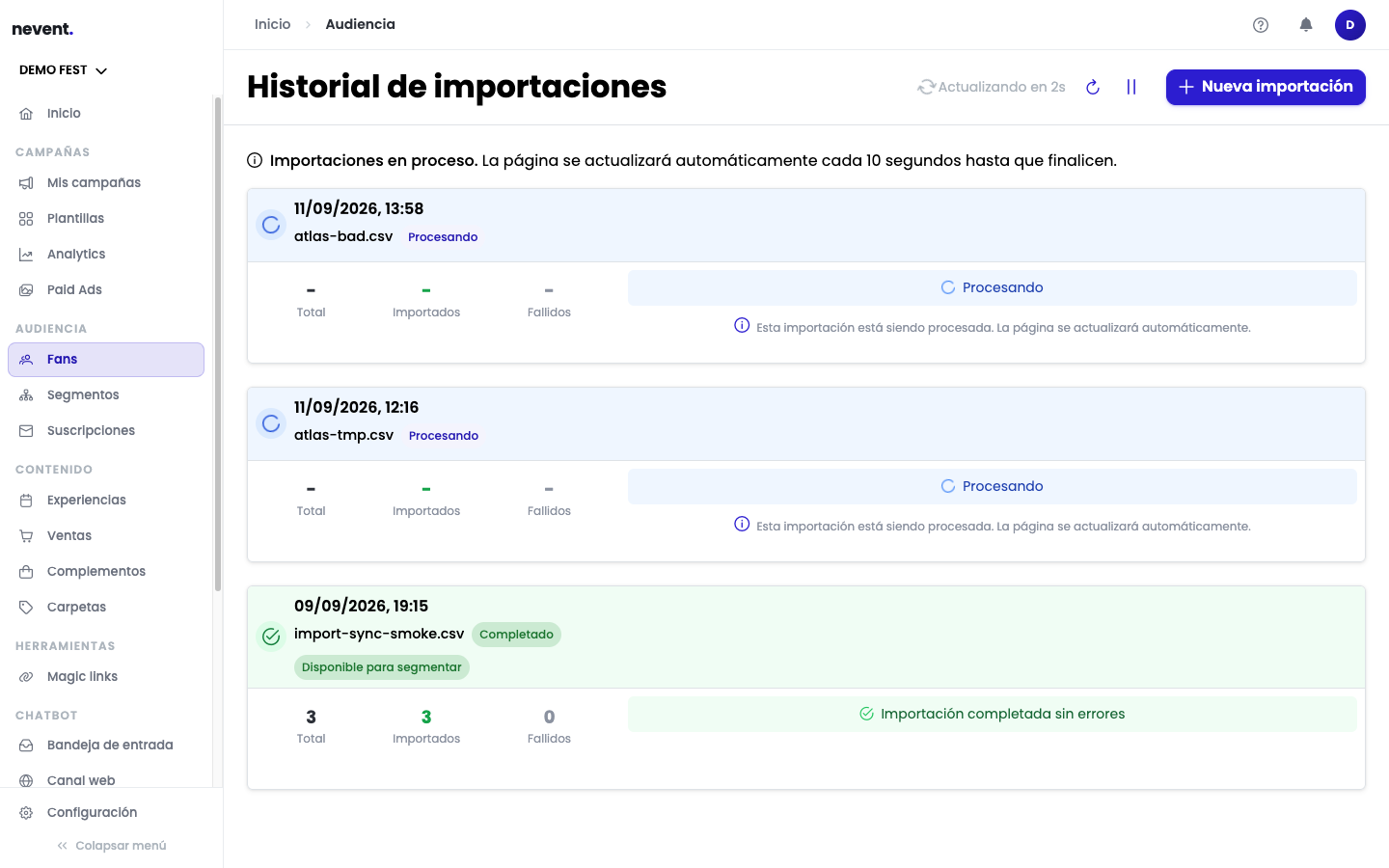 Import history with a "Completed" import showing the green "Ready to segment" tag below it, next to the counters of 3 total contacts, 3 imported and 0 failed