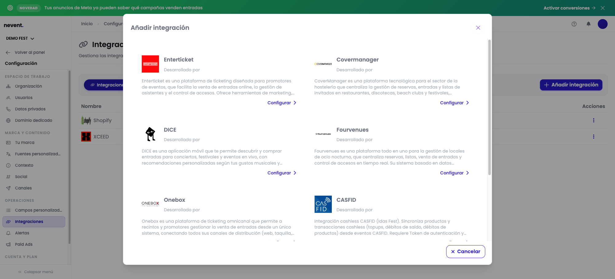 Ventana "Añadir integración" en Configuración → Integraciones con el catálogo de proveedores disponibles: Enterticket, Covermanager, DICE, Fourvenues, Onebox y CASFID, cada uno con su botón "Configurar"