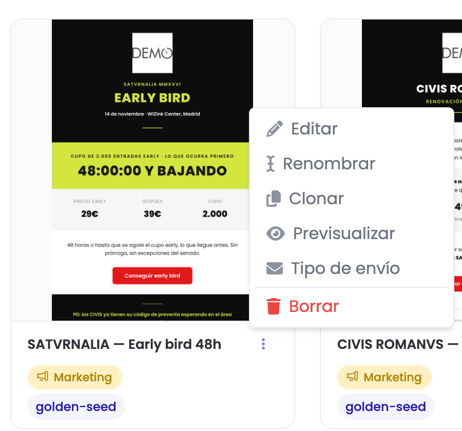 Menú de opciones de una plantilla de la pestaña Plantillas Email con las acciones Editar, Renombrar, Clonar, Previsualizar, Tipo de envío y Borrar