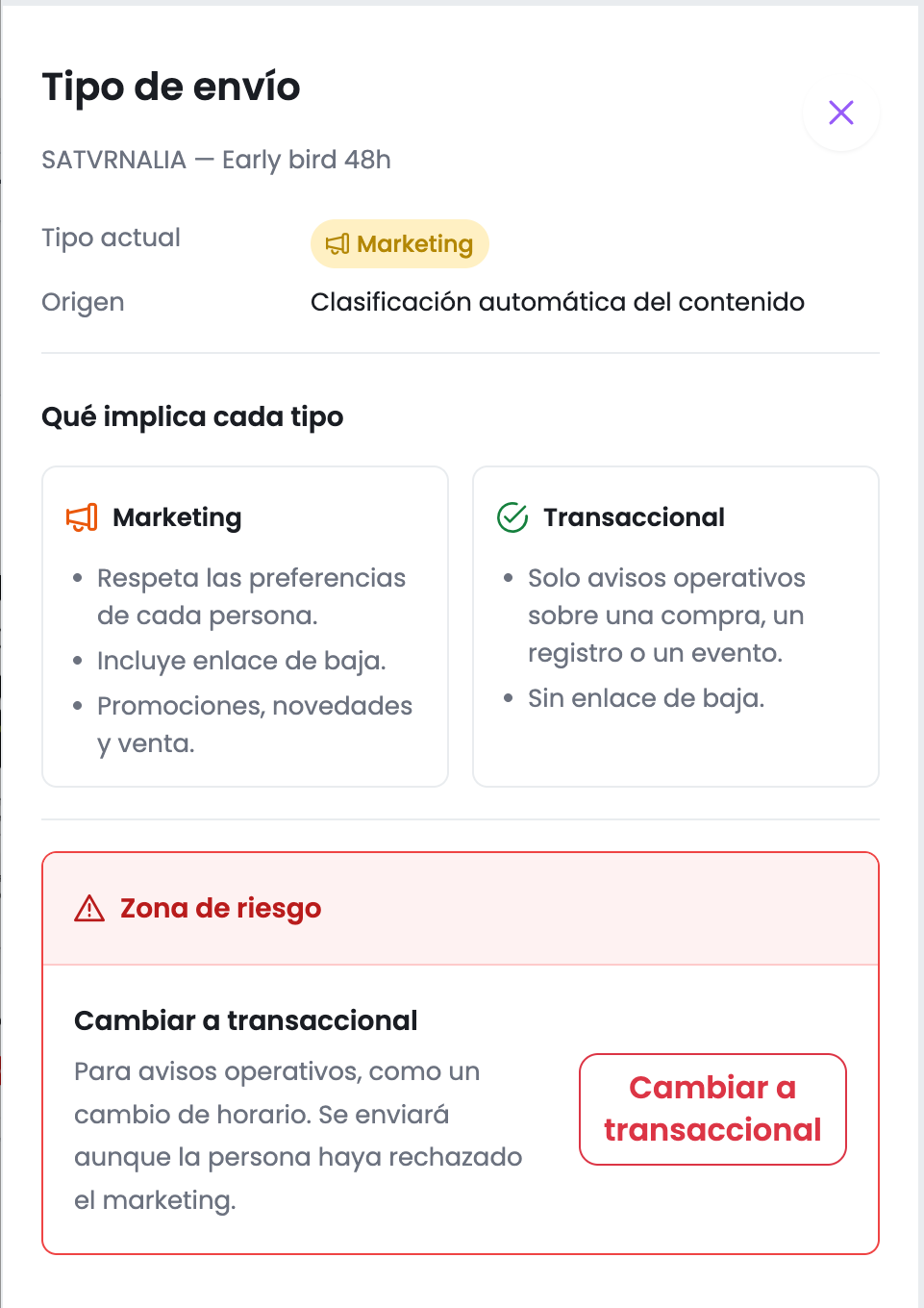 Panel lateral Tipo de envío con el tipo actual Marketing, el origen Clasificación automática del contenido y el bloque Qué implica cada tipo