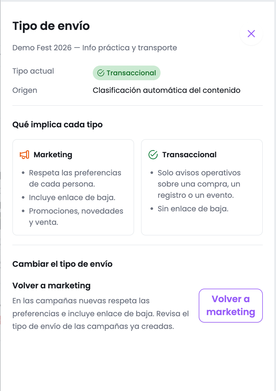 Panel Tipo de envío de una plantilla transaccional con el botón Volver a marketing
