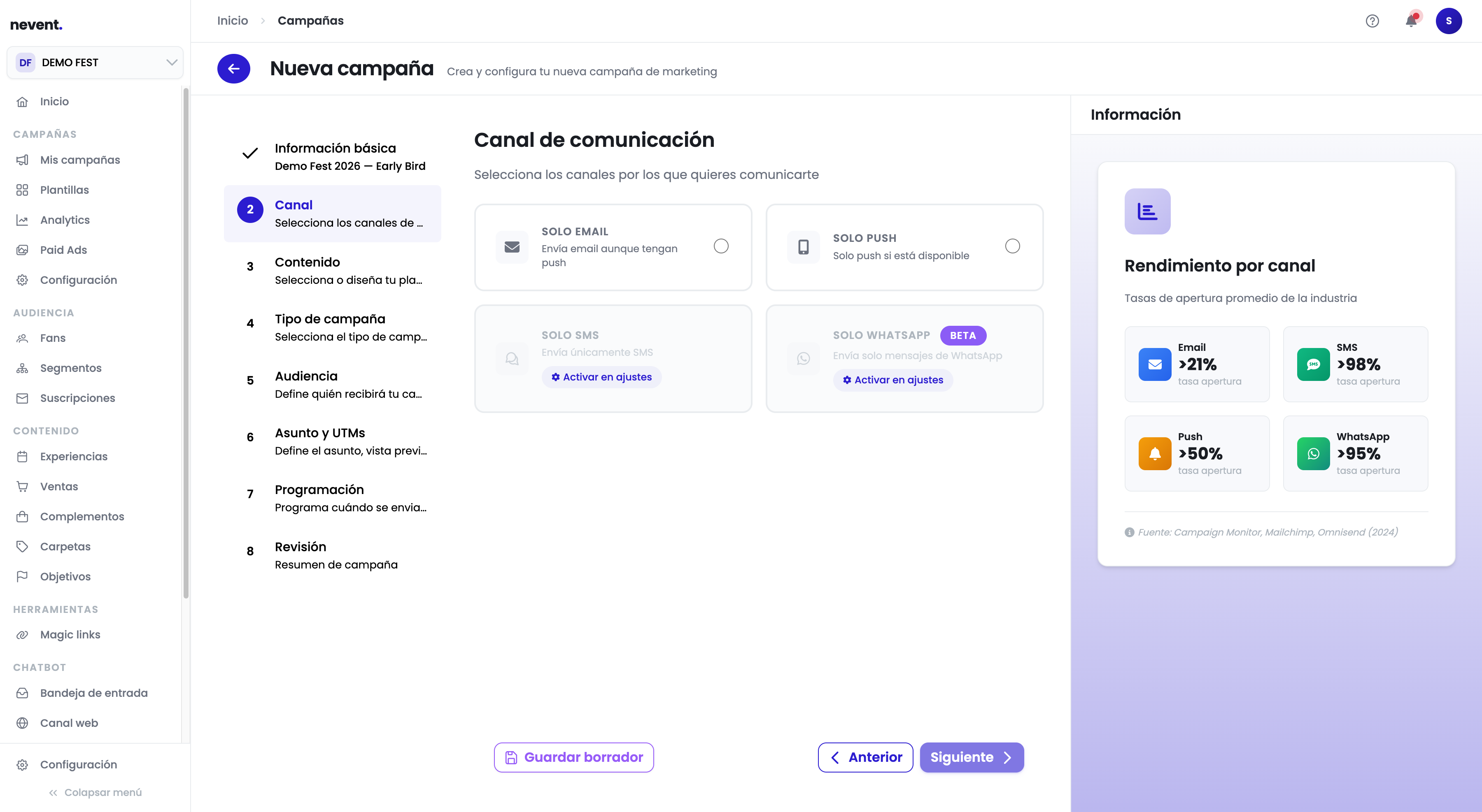 Paso 2 del asistente mostrando las cuatro opciones de canal: Solo Email, Solo Push, Solo SMS y Solo WhatsApp. SMS y WhatsApp aparecen con el enlace "Activar en ajustes"