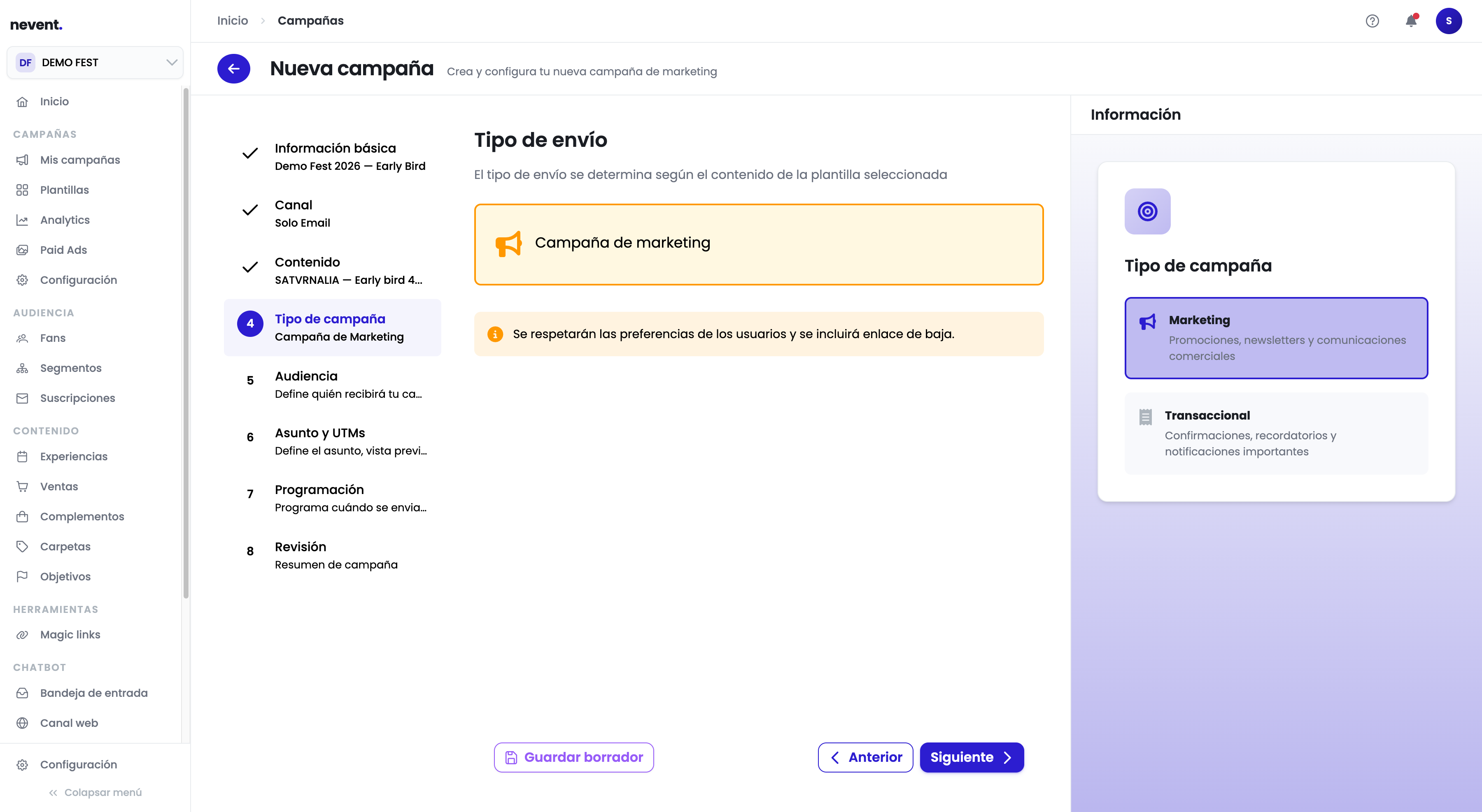 Paso 4 mostrando "Campaña de marketing" seleccionada automáticamente, con el aviso de que se respetarán las preferencias de los usuarios y se incluirá enlace de baja
