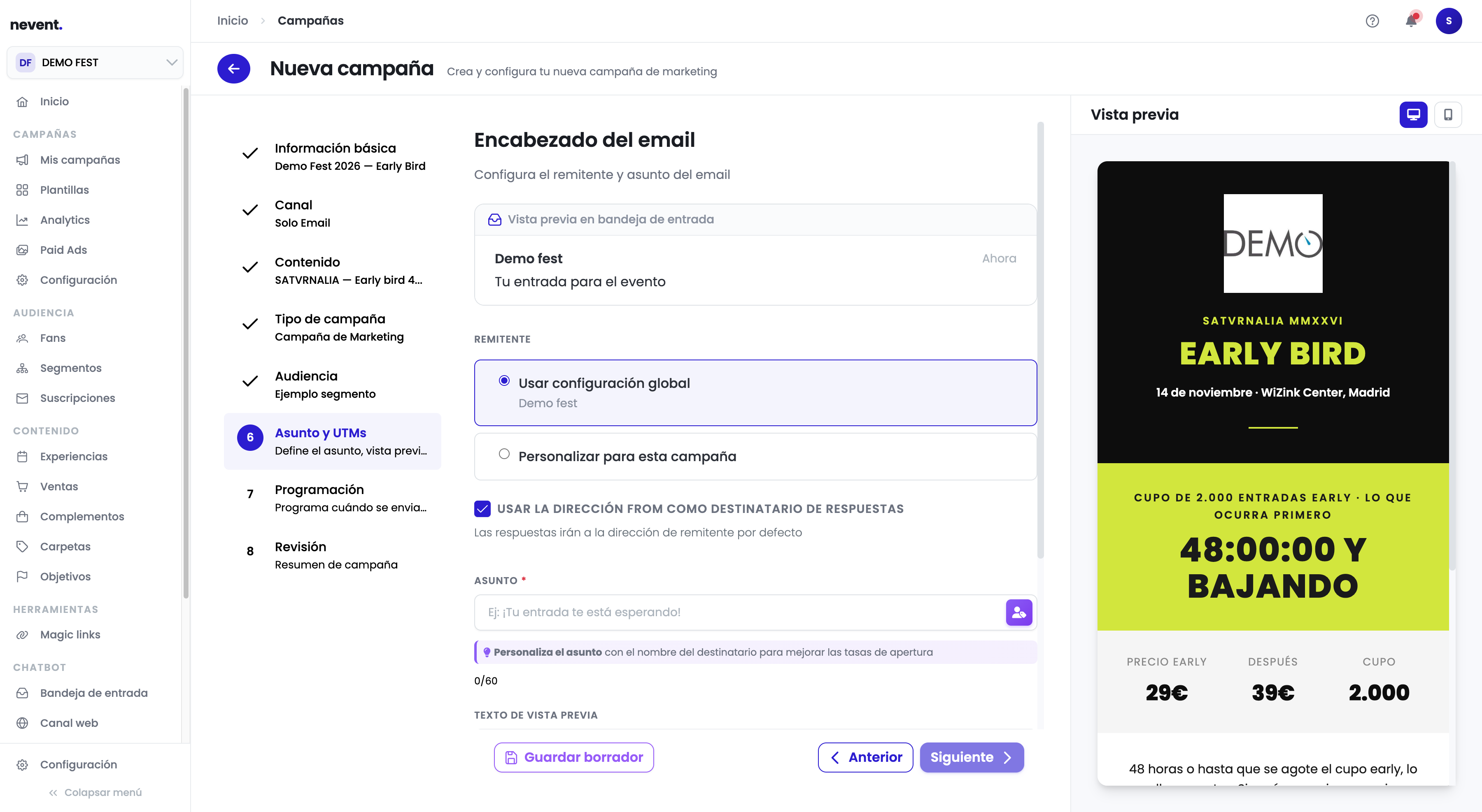 Paso 6 con el campo de asunto rellenado. La simulación de bandeja de entrada en la parte superior muestra el nombre del remitente y el asunto tal como los verá el destinatario