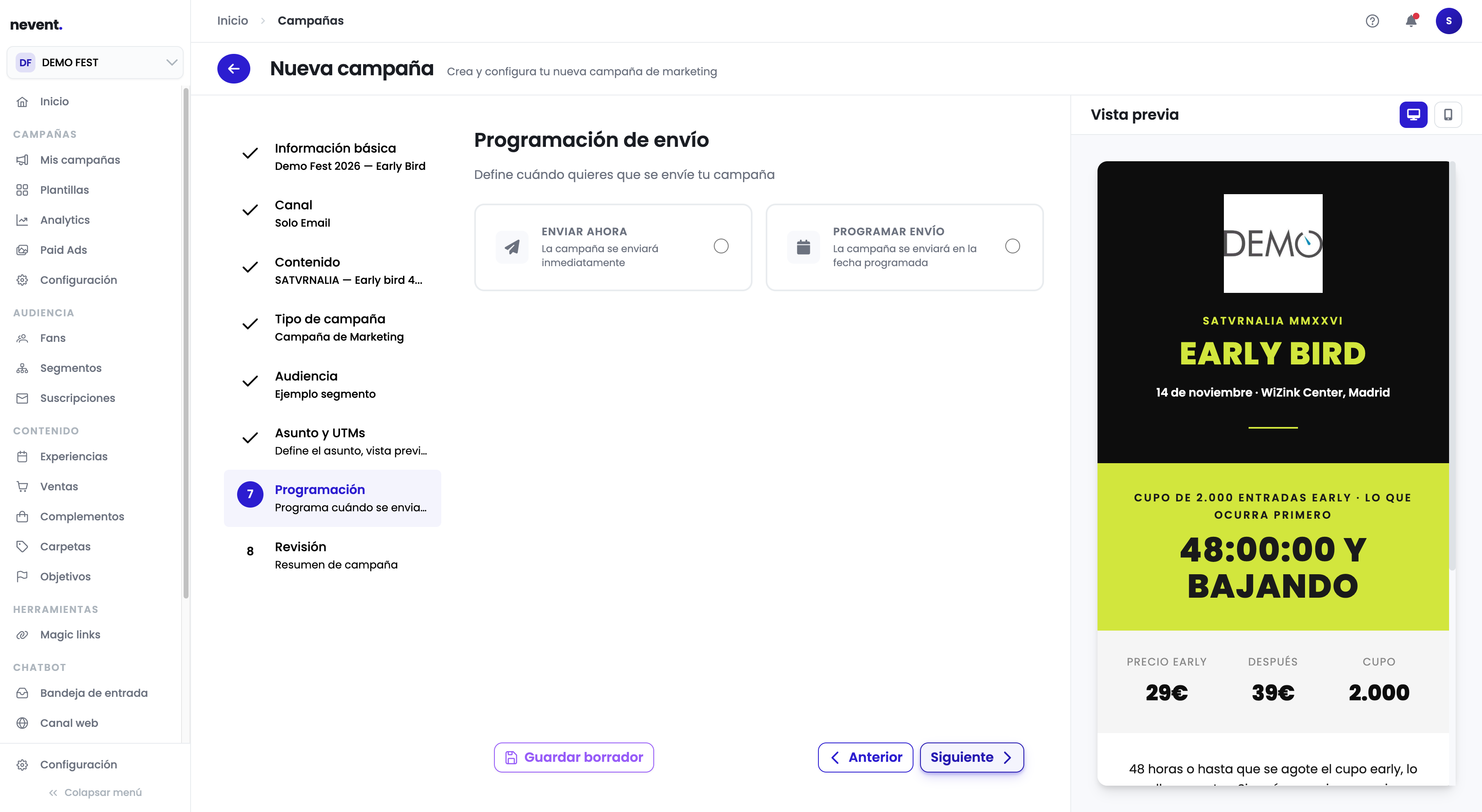 Paso 7 con las dos opciones de programación: "Enviar ahora" y "Programar envío"