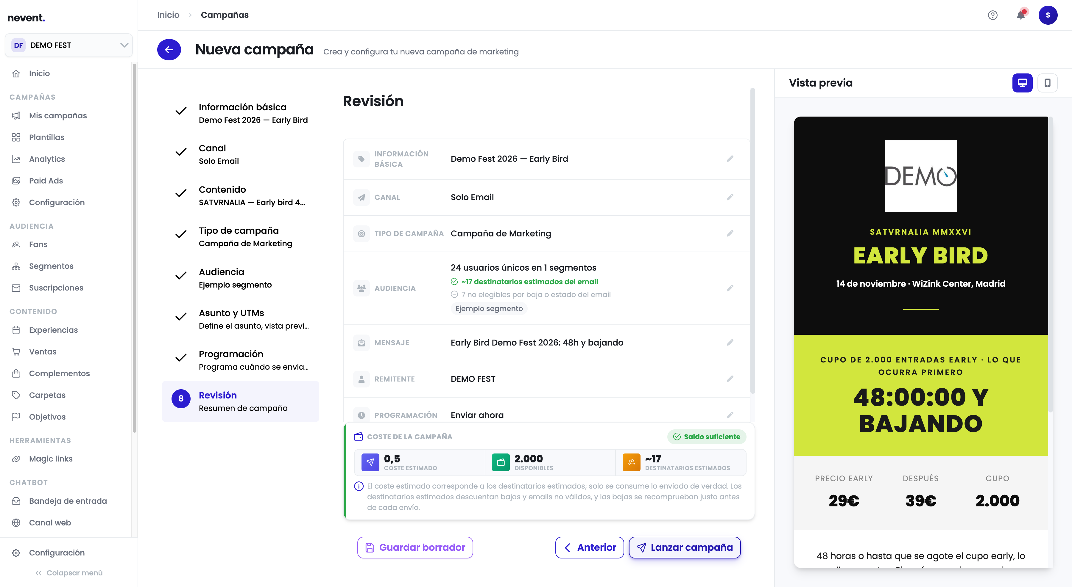 Pantalla de revisión con el resumen completo de la campaña, el bloque de coste estimado en verde con "Saldo suficiente" y el botón "Lanzar campaña" en la parte inferior