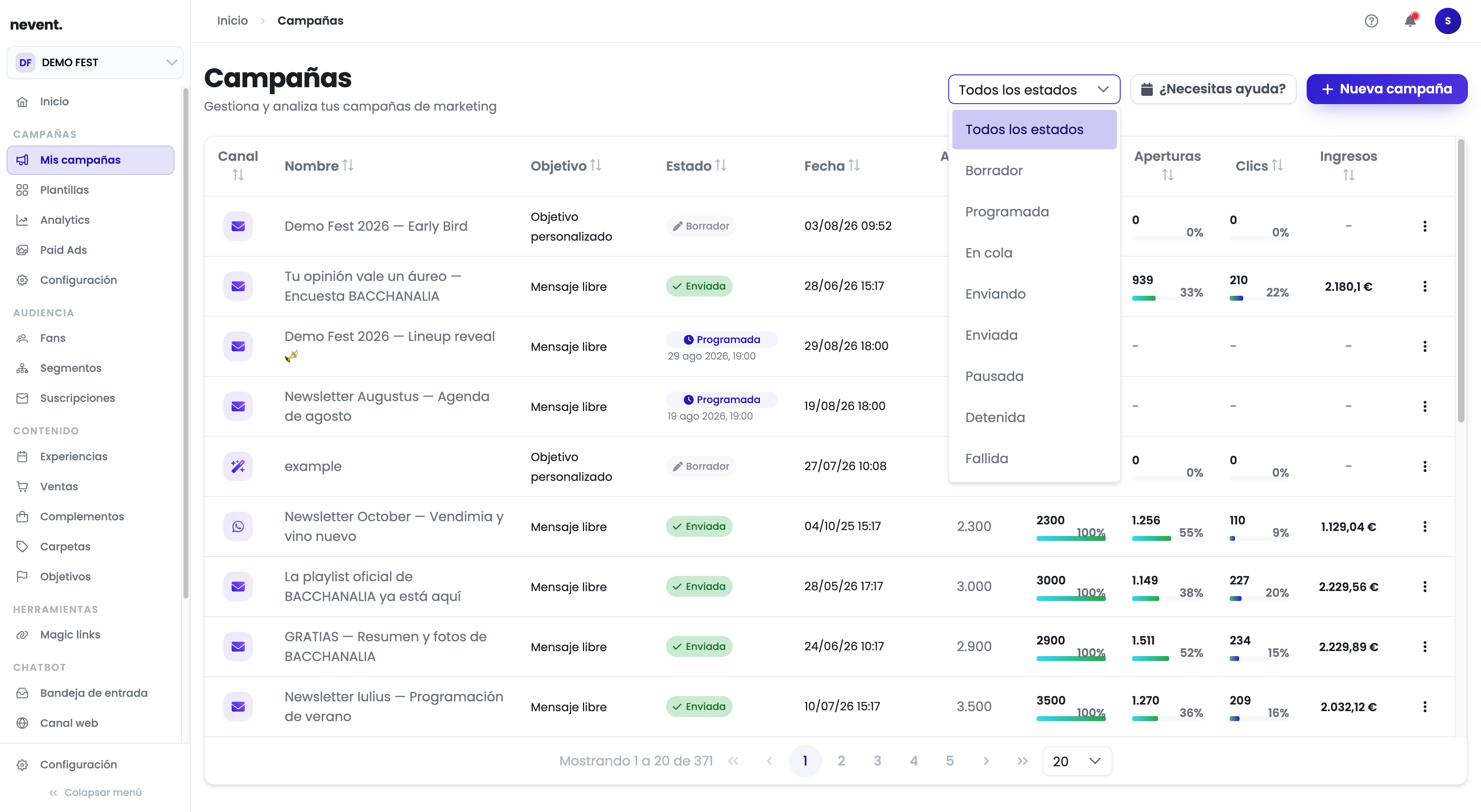 Selector de estados desplegado con las opciones: Todos los estados, Borrador, Programada, En cola, Enviando, Enviada, Pausada, Detenida, Fallida