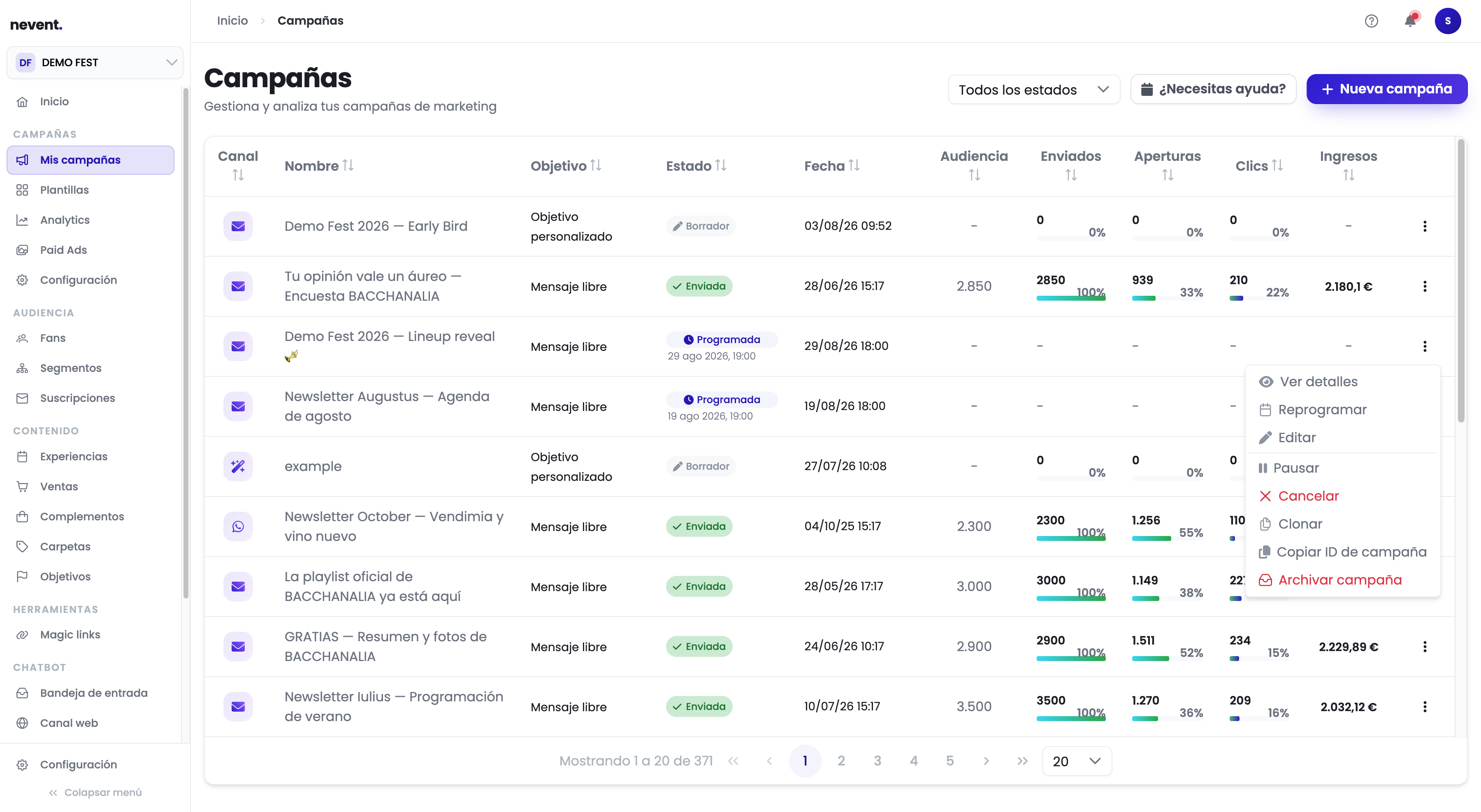 Menú de acciones de una campaña programada con las opciones Ver detalles, Reprogramar, Editar, Pausar, Cancelar, Clonar, Copiar ID de campaña y Archivar campaña