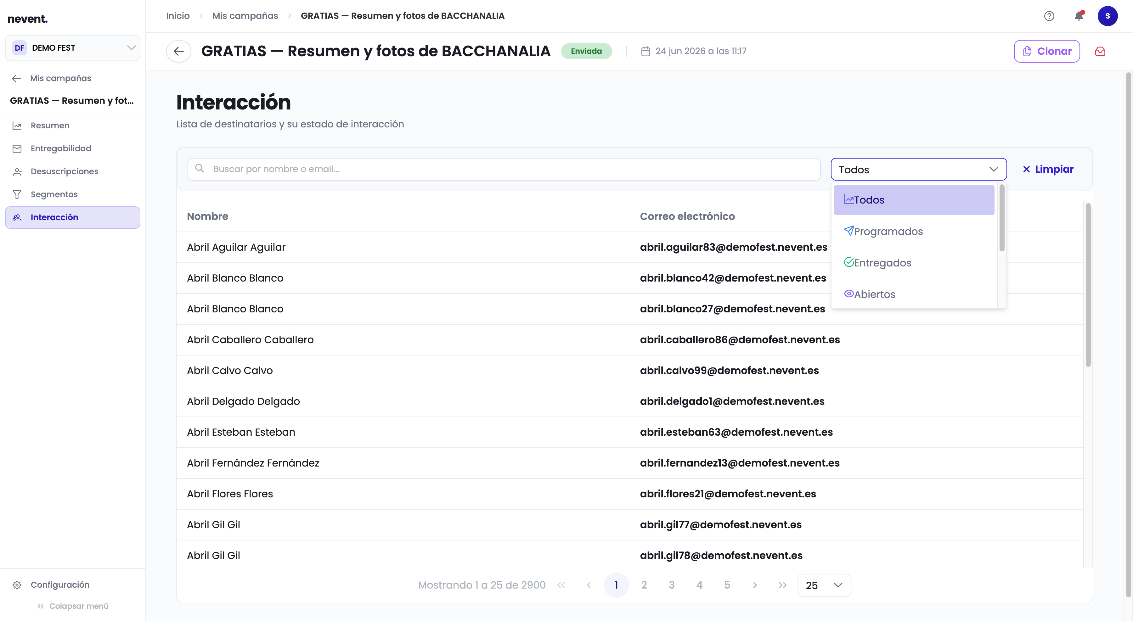 Sección Interacción de la campaña GRATIAS con el dropdown desplegado mostrando las opciones: Todos, Programados, Entregados, Abiertos, Clicados, Rebotados y Dados de baja