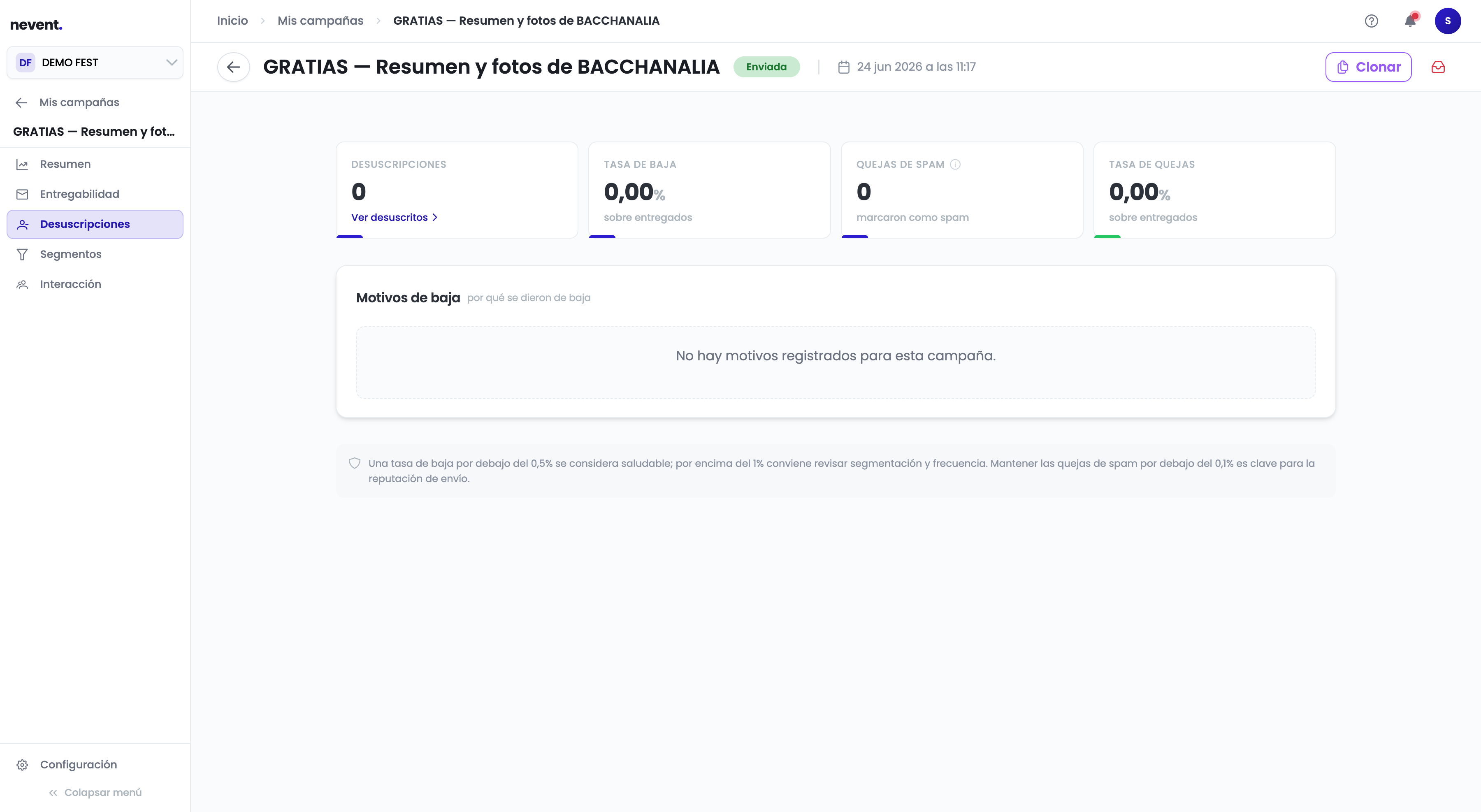 Sección Desuscripciones de la campaña GRATIAS: Desuscripciones 0, Tasa de baja 0,00% sobre entregados, Quejas de spam 0 y Tasa de quejas 0,00% sobre entregados. Al pie: "Una tasa de baja por debajo del 0,5% se considera saludable; por encima del 1% conviene revisar segmentación y frecuencia."