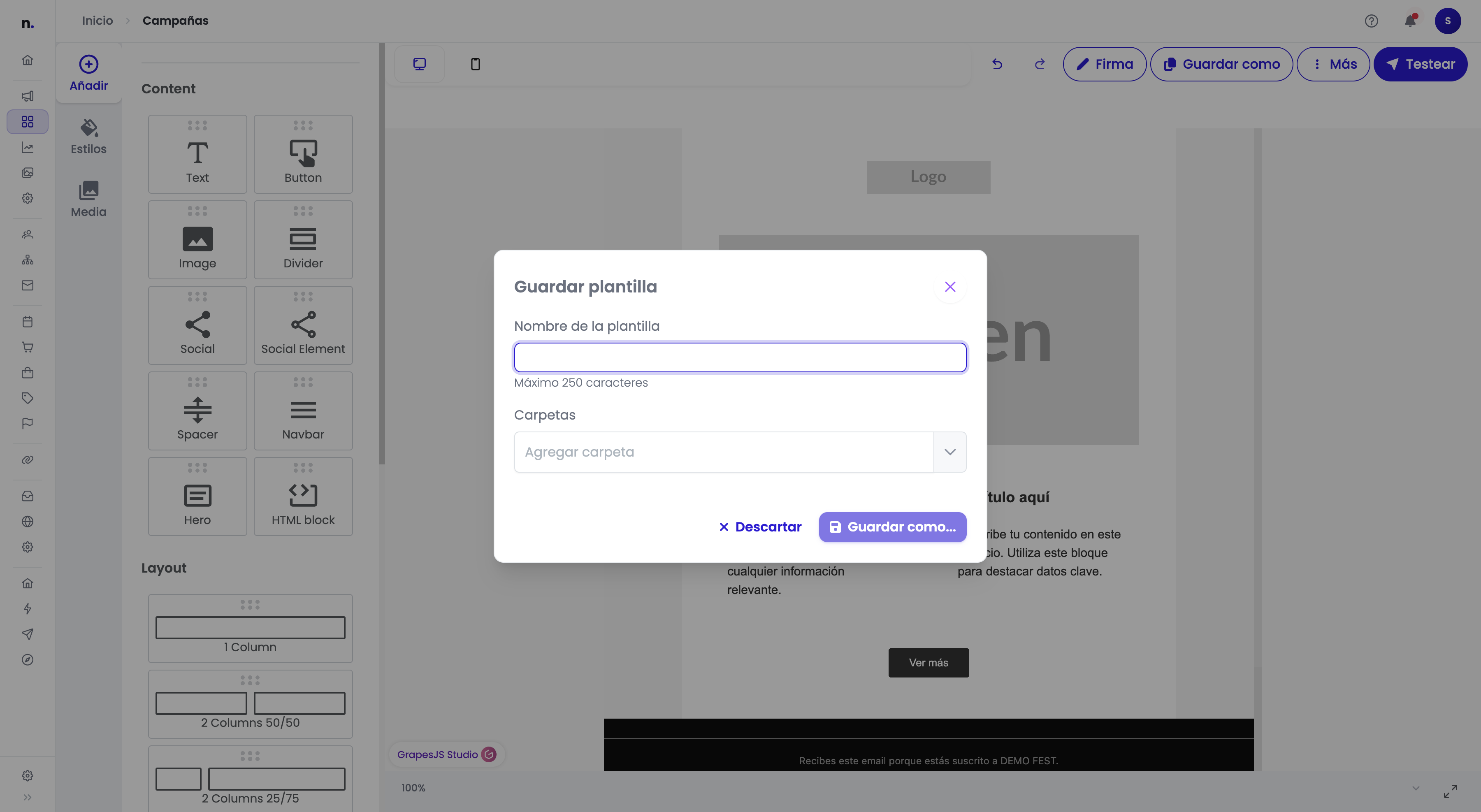 Diálogo Guardar plantilla con un campo de nombre vacío, un selector de carpeta y los botones Descartar y Guardar como