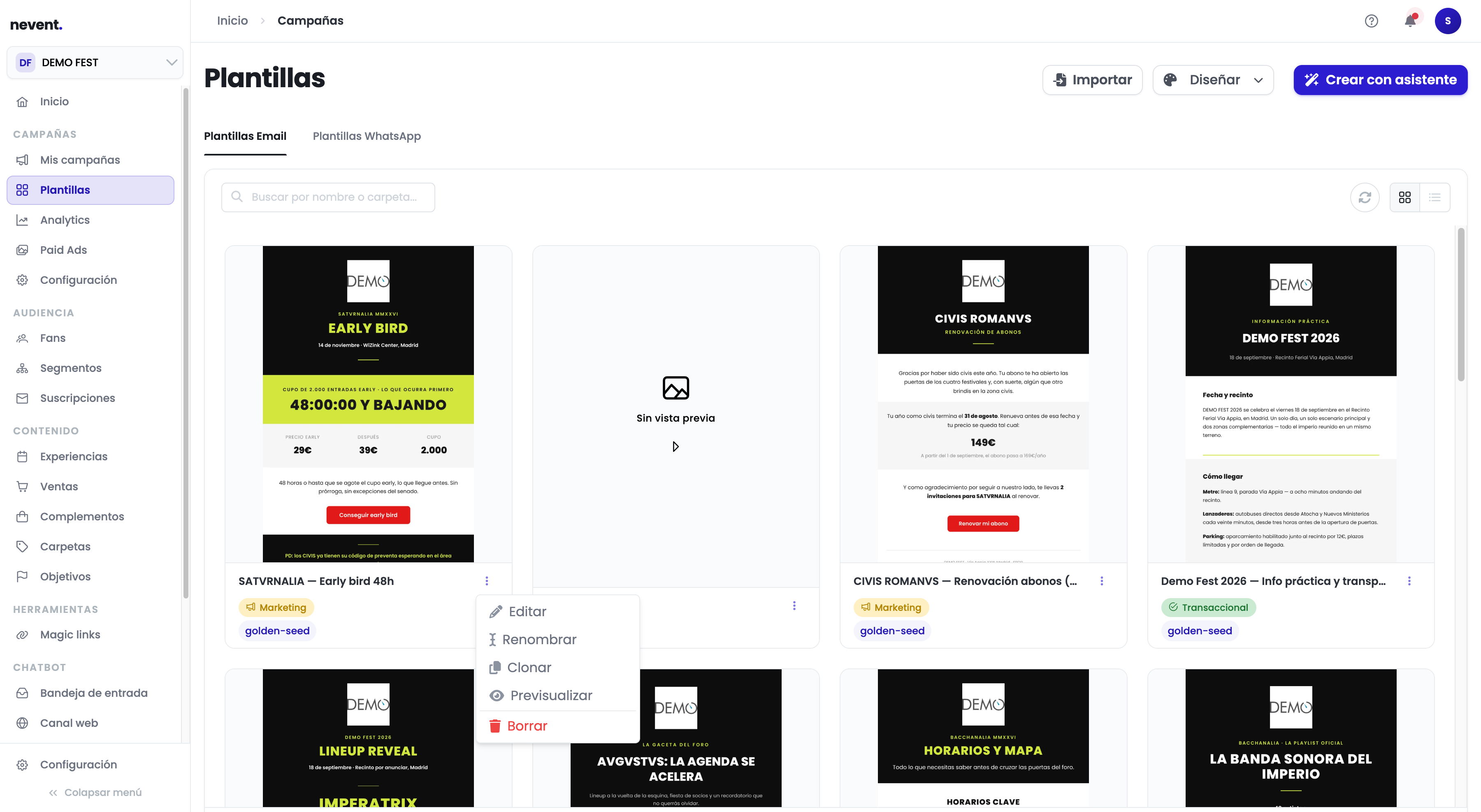 Menú contextual de una plantilla con las opciones Editar, Renombrar, Clonar, Previsualizar y Borrar