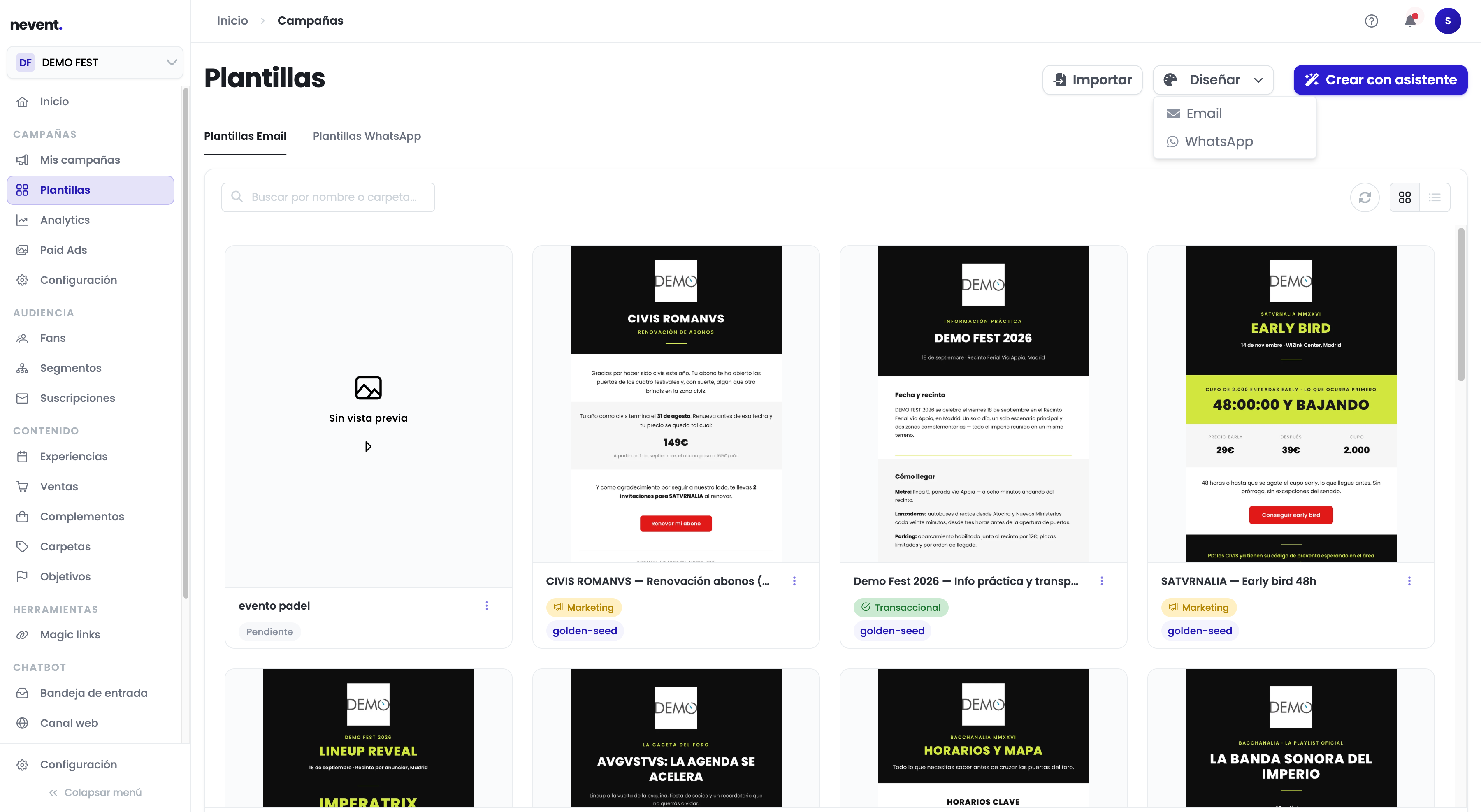 Menú desplegable del botón Diseñar con las opciones Email y WhatsApp