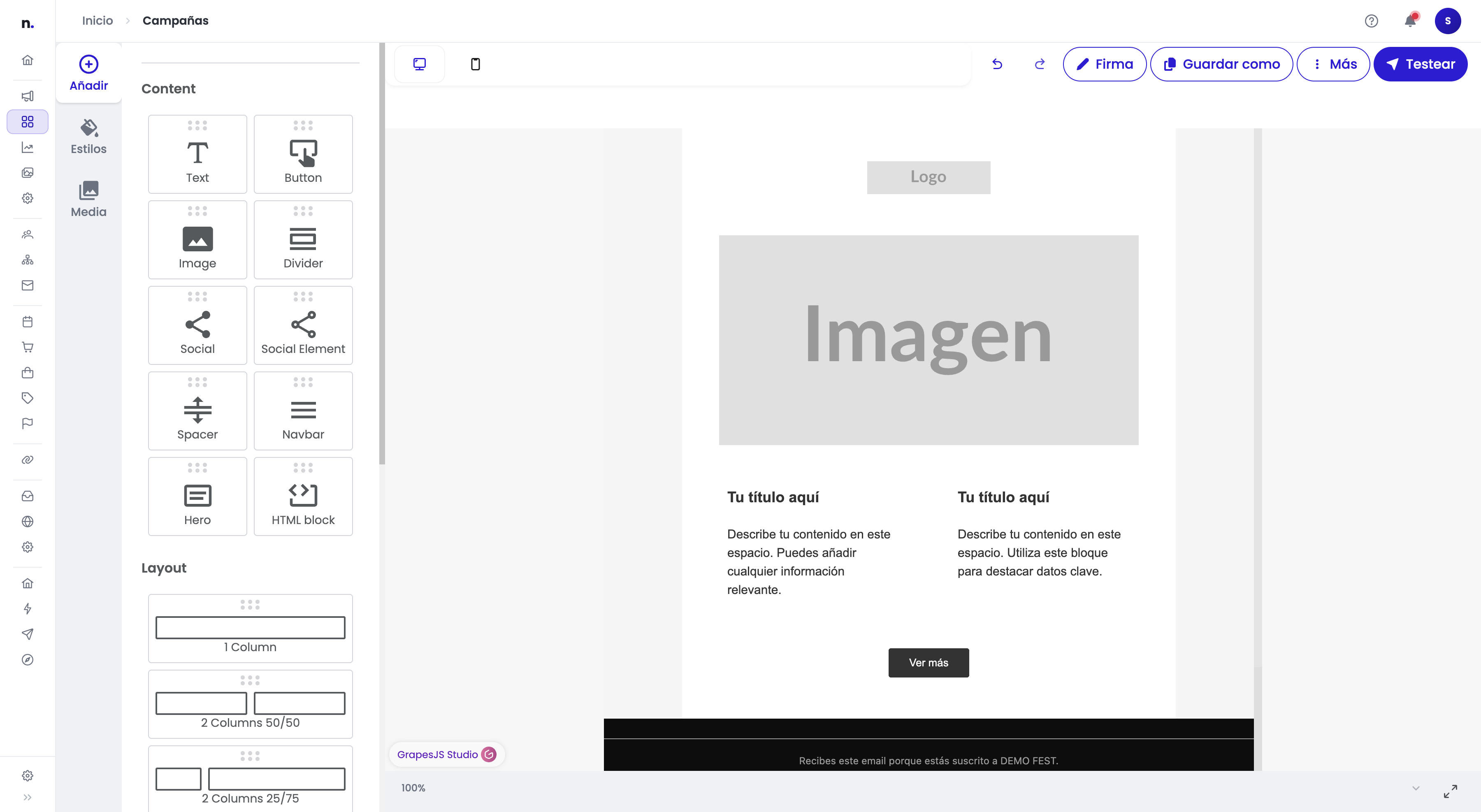 Editor de plantilla nueva con estructura base: logo, bloque de imagen, dos columnas de texto, botón Ver más y pie de suscripción