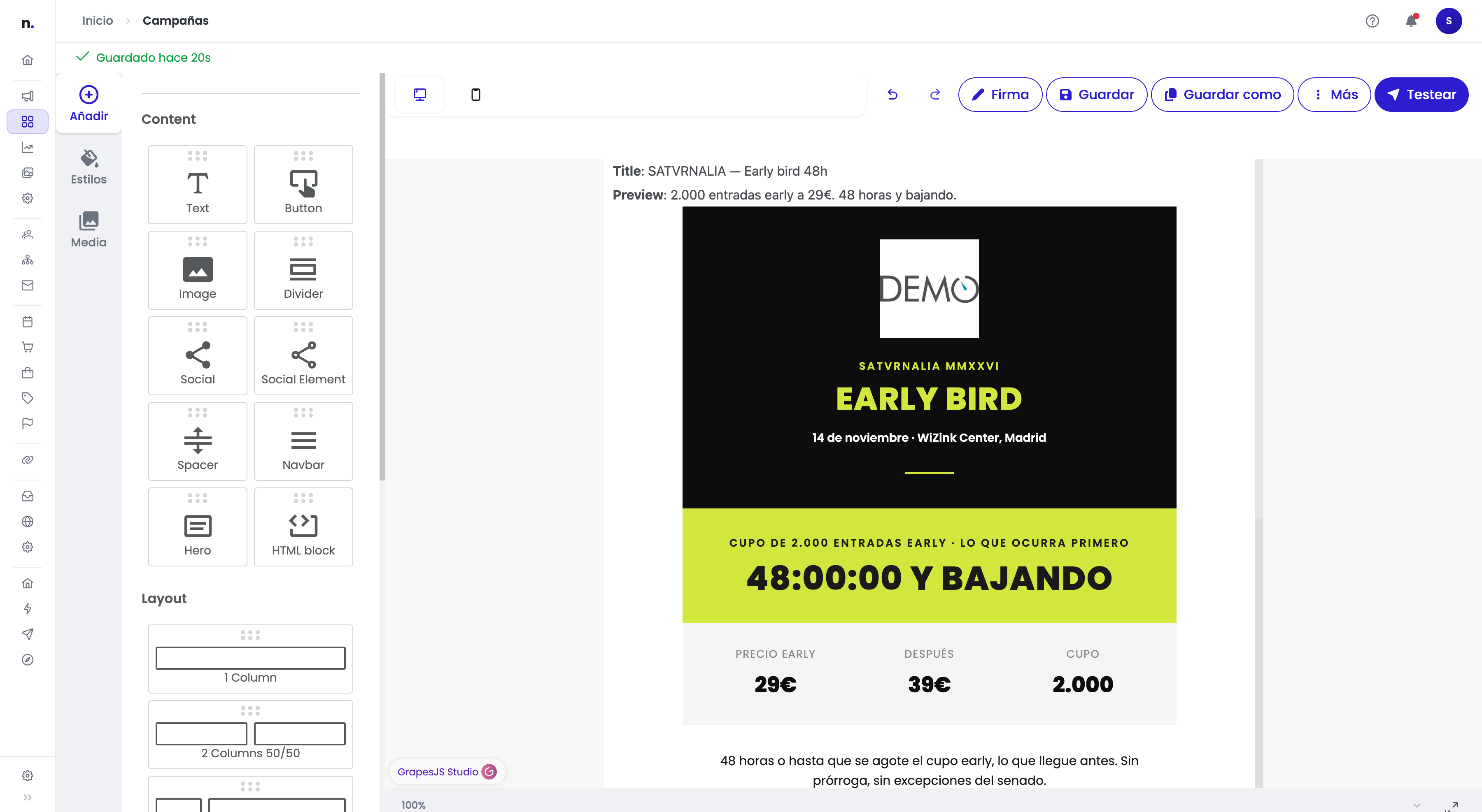 Editor de plantilla con el panel izquierdo de bloques abierto, mostrando las secciones Content y Layout, y la plantilla en el centro con controles flotantes sobre el bloque seleccionado