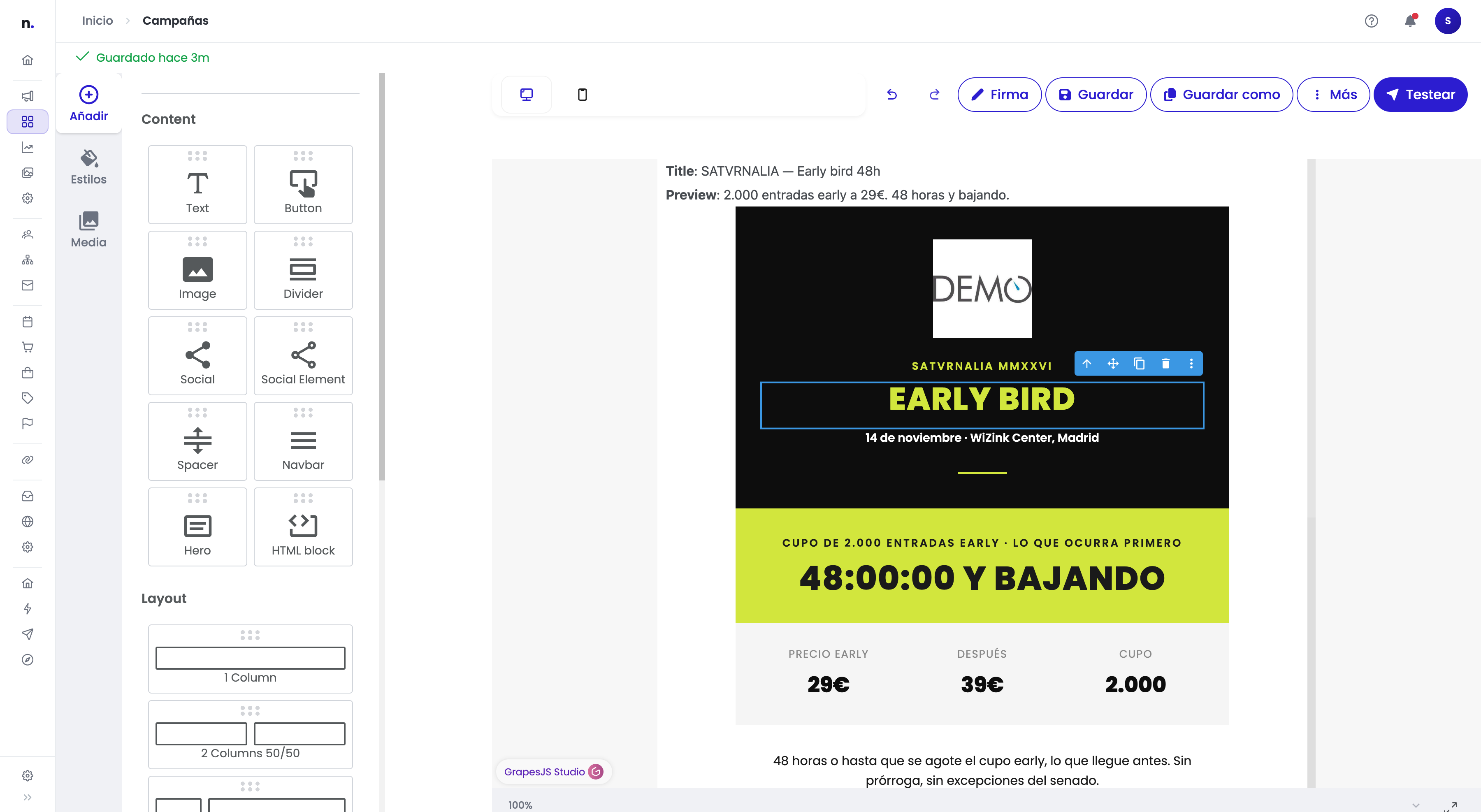 Panel izquierdo del editor con la sección Añadir abierta, mostrando todos los bloques de contenido disponibles (Text, Button, Image, Divider, Social, Social Element, Spacer, Navbar, Hero, HTML block) y la sección Layout con opciones de columnas
