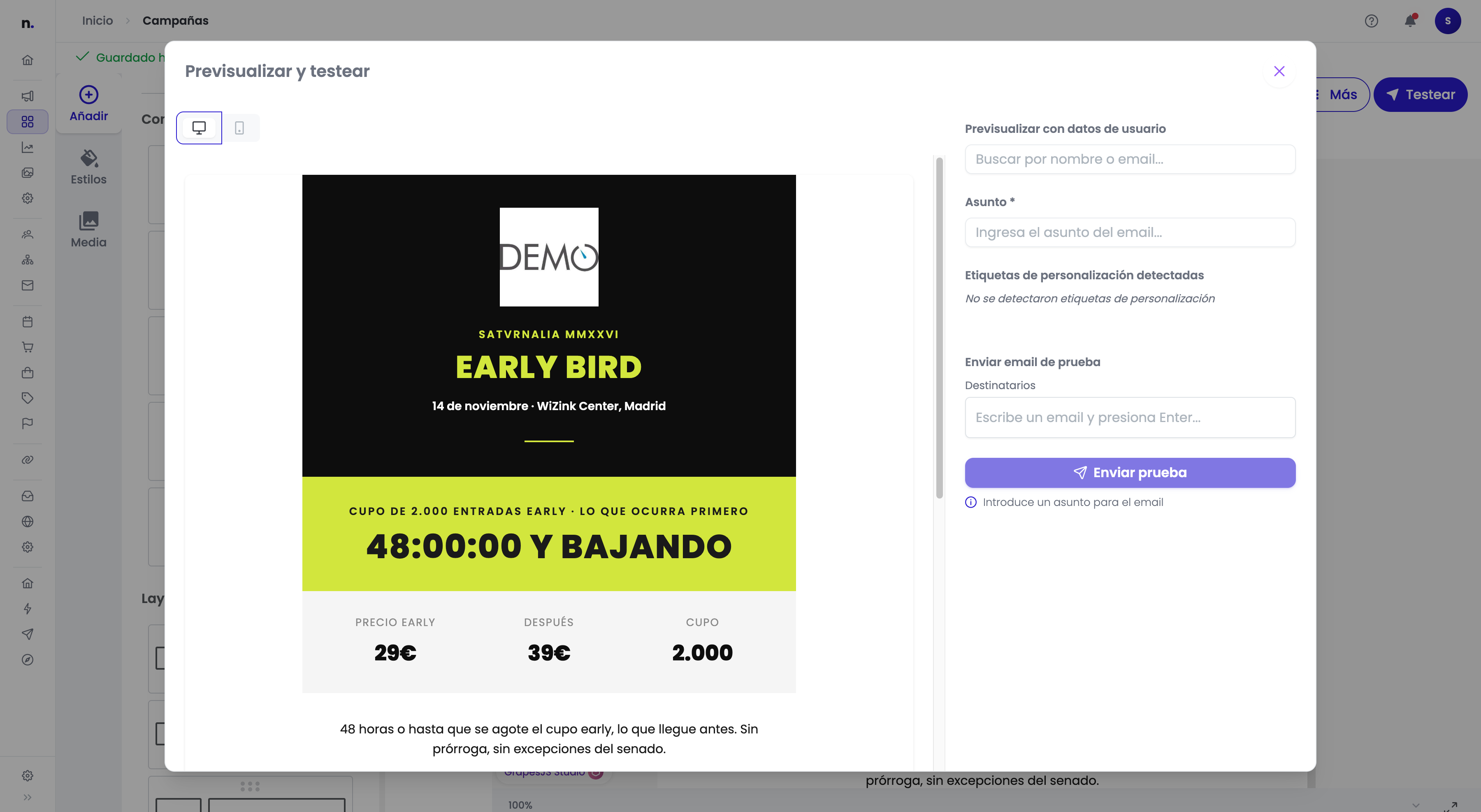 Modal de previsualización y testeo con la vista previa del email a la izquierda, el campo de búsqueda de usuario, el campo de asunto y el botón Enviar prueba a la derecha