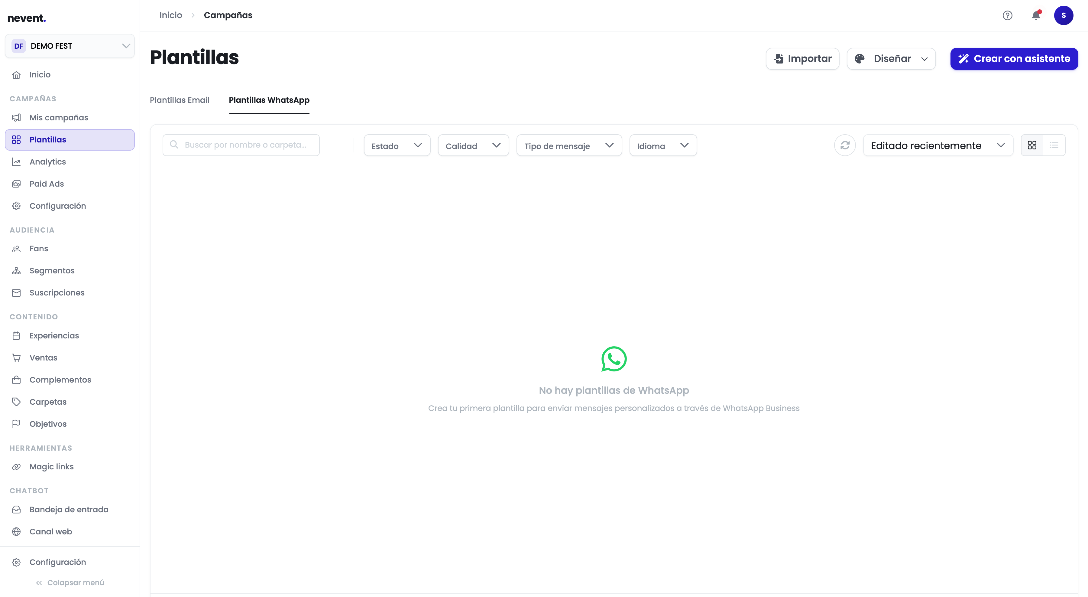 Pestaña Plantillas WhatsApp activa con el listado vacío y el mensaje No hay plantillas de WhatsApp