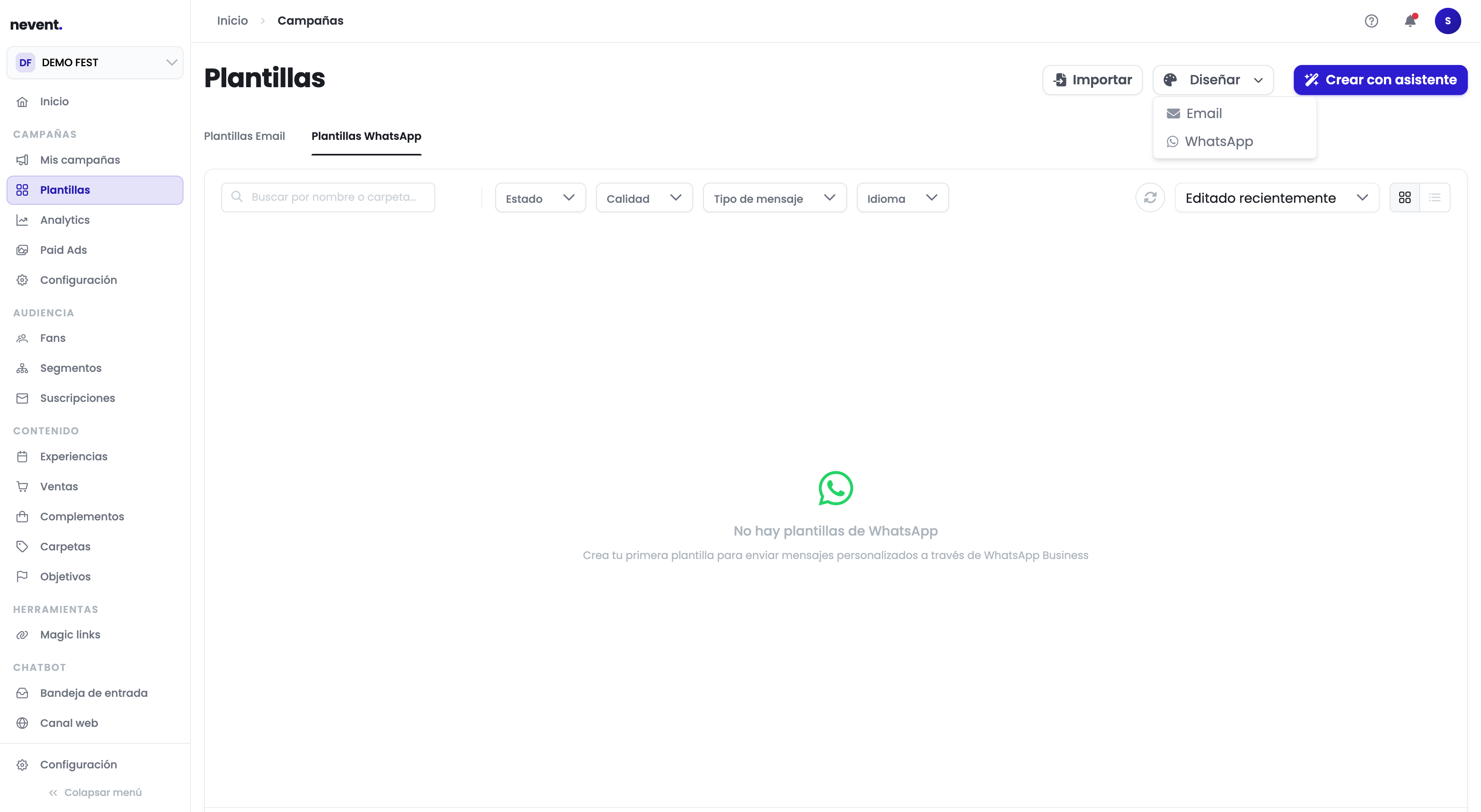 Menú desplegable del botón Diseñar con las opciones Email y WhatsApp