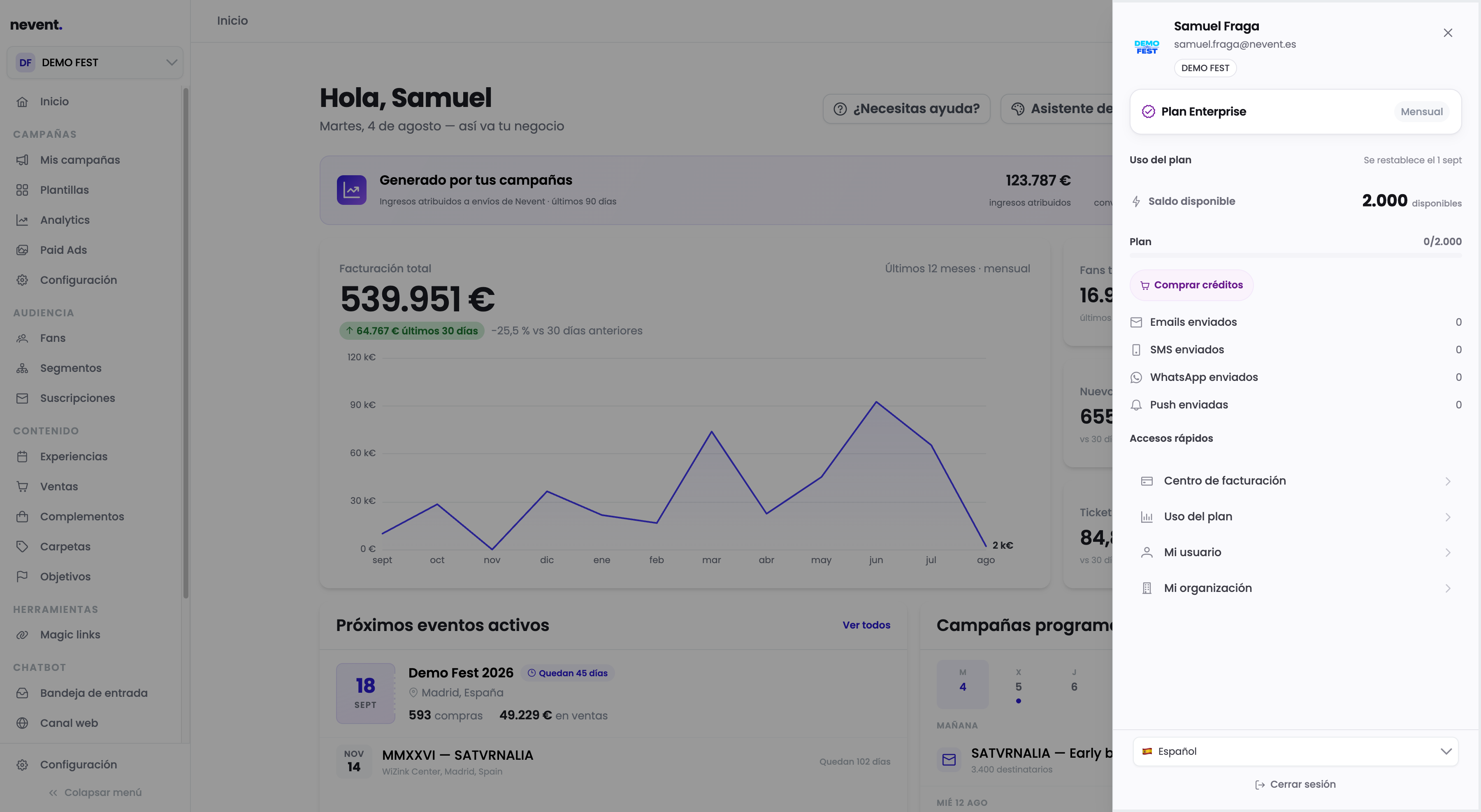 Menú de usuario de Nevent con el panel desplegado. Muestra el plan Enterprise, el saldo de 2.000 créditos disponibles, la fecha de restablecimiento y el desglose de envíos: Email 0, SMS 0, WhatsApp 0, Push 0. Al final aparece la sección Accesos rápidos con el enlace Uso del plan.