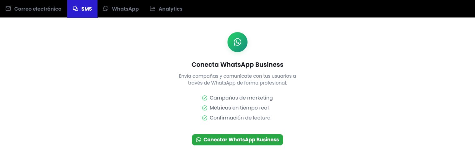 Pestaña WhatsApp con el icono de WhatsApp, el texto "Conecta WhatsApp Business", la lista de beneficios (campañas de marketing, métricas en tiempo real, confirmación de lectura) y el botón verde "Conectar WhatsApp Business"