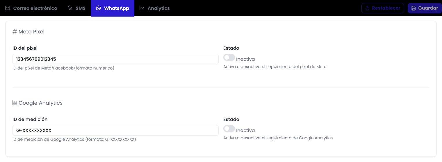 Pestaña Analytics con dos bloques: Meta Pixel (con campo de ID numérico y toggle en estado "Inactiva") y Google Analytics (con campo de ID de medición formato G-XXXXXXXXXX y toggle en estado "Inactiva")