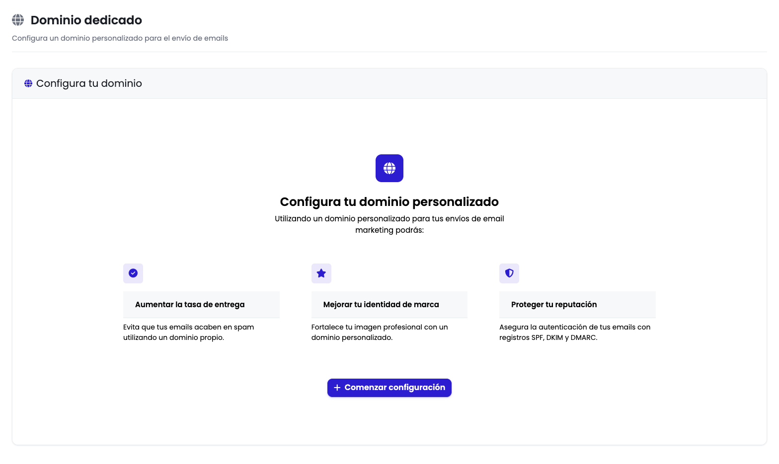 Pantalla de bienvenida del módulo Dominio dedicado de DEMO FEST con los tres beneficios listados y el botón "Comenzar configuración" visible en la parte inferior
