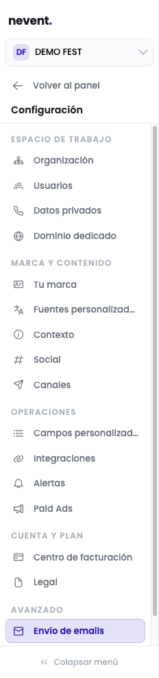 Menú de Configuración de Nevent con el ítem "Envío de emails" resaltado en morado dentro del grupo "Avanzado", en el tenant DEMO FEST