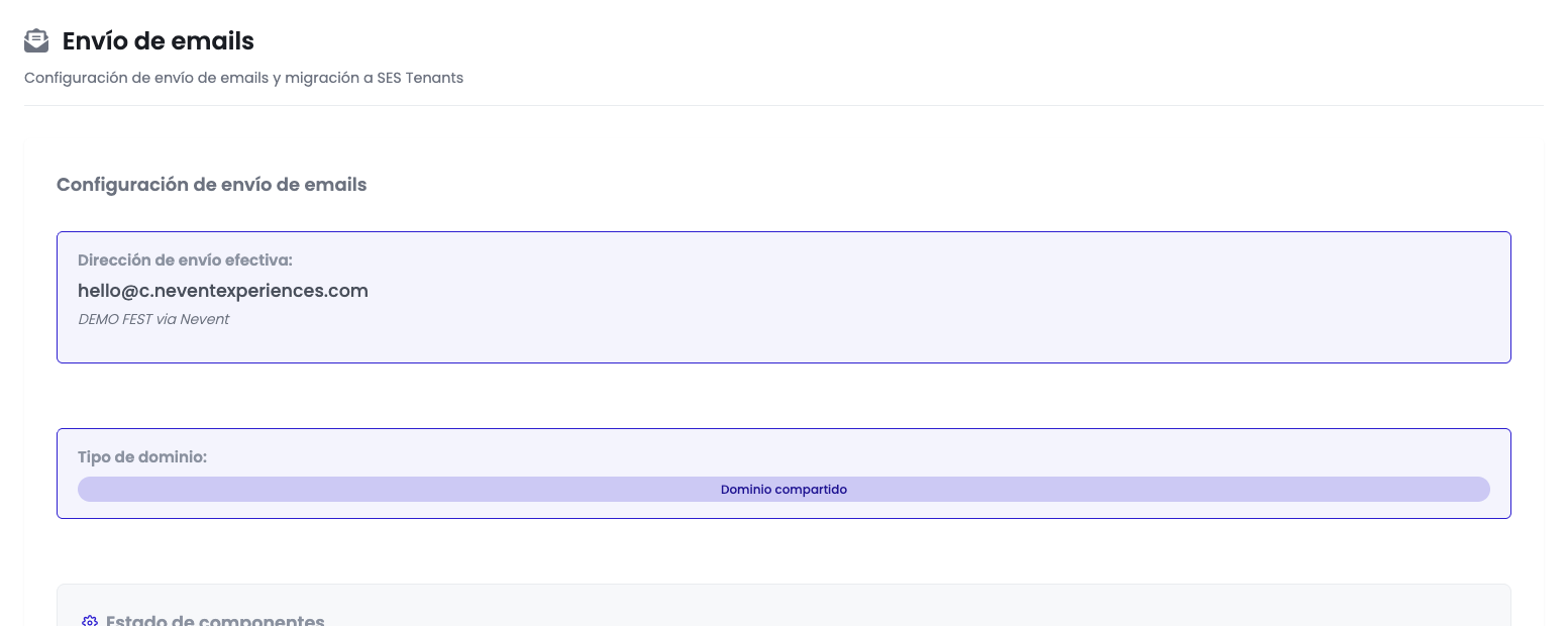 Pantalla de Envío de emails de DEMO FEST con la dirección de envío efectiva "hello@c.neventexperiences.com" y el tipo de dominio "Dominio compartido"