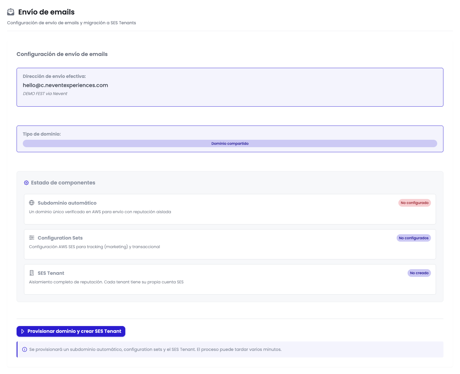Vista completa de la pantalla de Envío de emails de DEMO FEST con la dirección de envío, el tipo de dominio compartido, los tres componentes en estado "No configurado" y el botón de aprovisionamiento