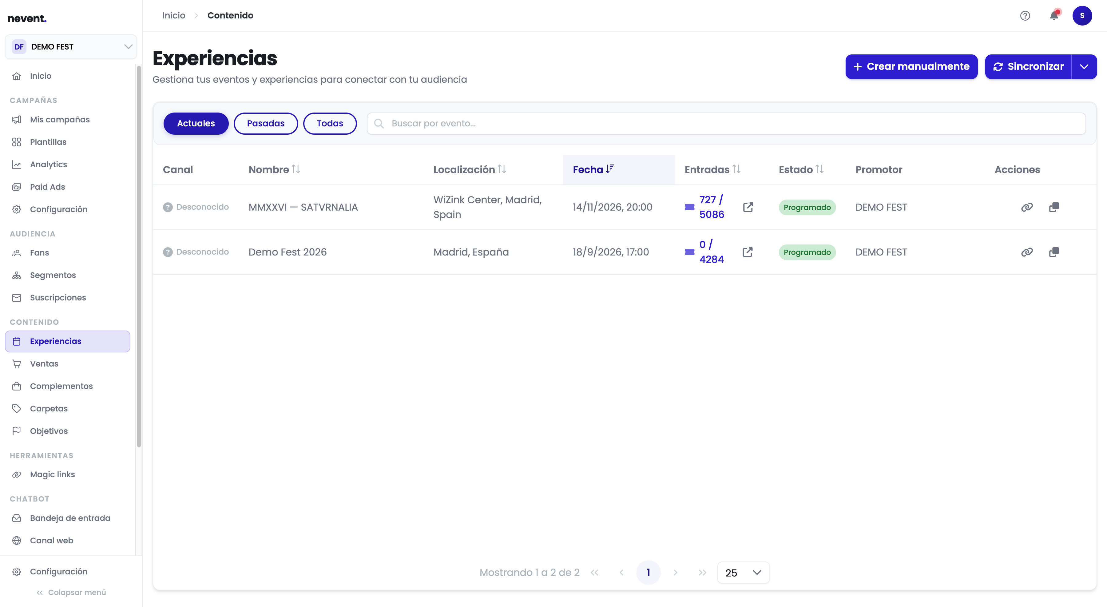 Lista de experiencias de DEMO FEST con dos eventos: MMXXVI SATVRNALIA con 727 de 5086 entradas y Demo Fest 2026 con 0 de 4284 entradas