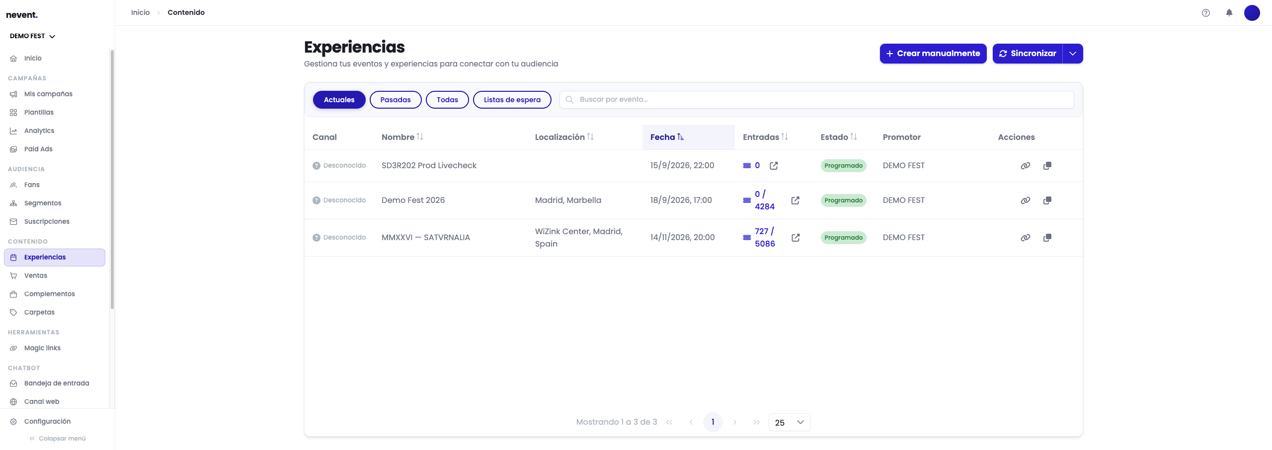 Lista de Experiencias de Demo Fest con el filtro de vista de cuatro opciones (Actuales, Pasadas, Todas y Listas de espera) sobre la tabla de eventos, con la vista Actuales seleccionada