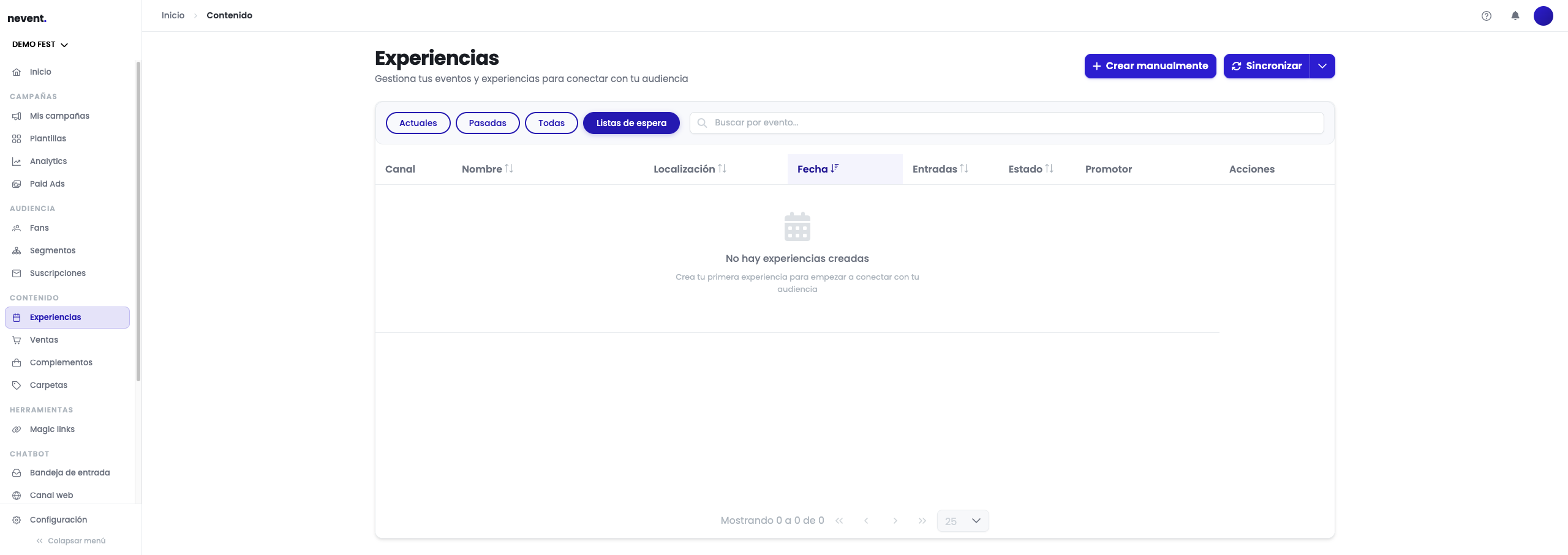 Vista Listas de espera de Experiencias con la pestaña seleccionada y la tabla vacía, mostrando el mensaje de que no hay experiencias creadas