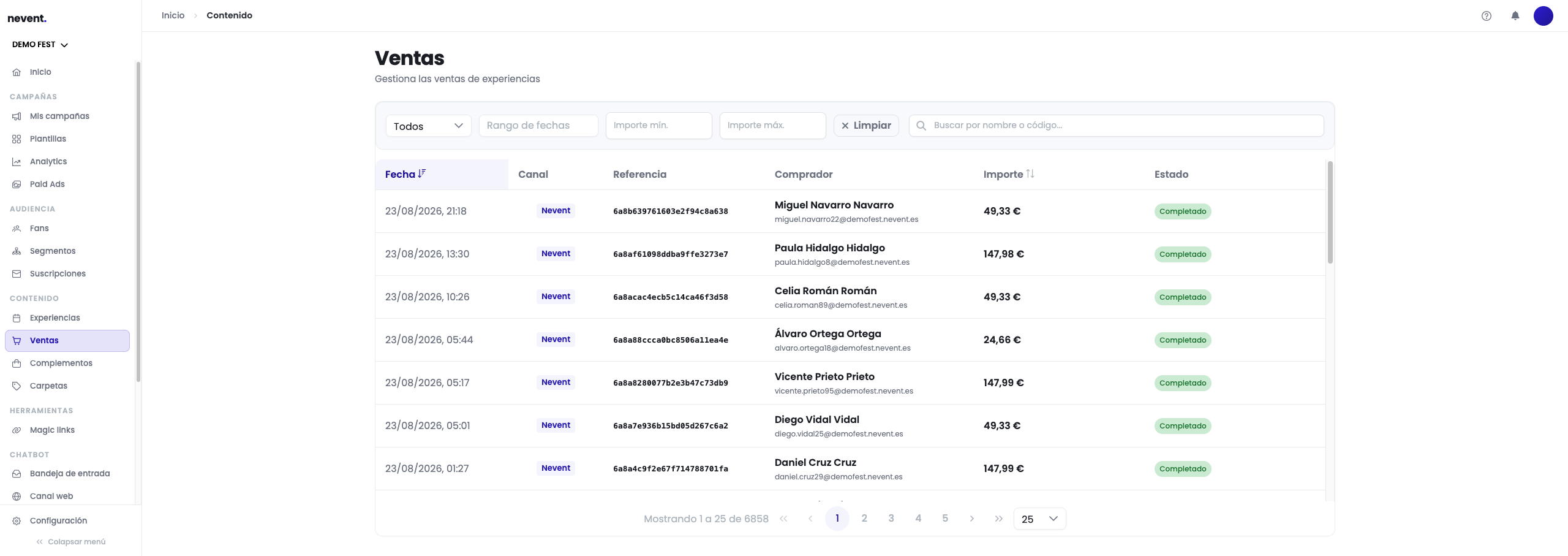 Demo Fest Sales history with the Channel column showing the Nevent tag on every row, next to the date, reference, buyer with their email, amount and Completed status