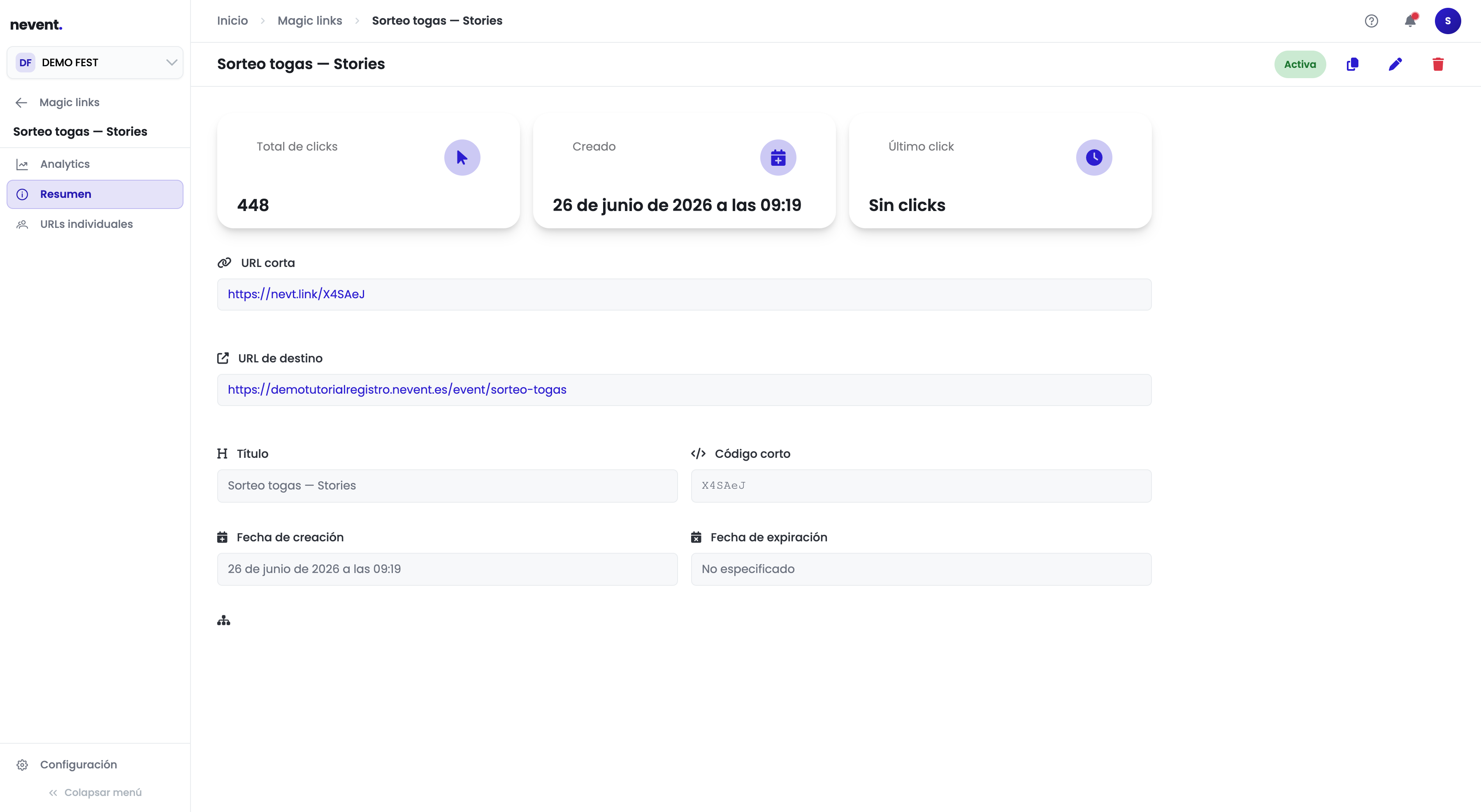 Pantalla de Resumen del Magic Link "Sorteo togas - Stories" con el contador Total de clicks en 448, la fecha de creación del 26 de junio de 2026, la URL corta https://nevt.link/X4SAeJ, la URL de destino completa, el título, el código corto y las fechas de creación y expiración.
