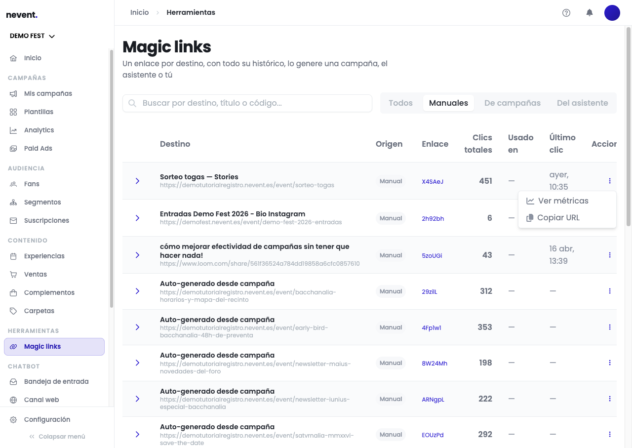 Menú "Más opciones" abierto sobre un Magic Link manual, mostrando únicamente las acciones Ver métricas y Copiar URL, sin ninguna opción para generar un código QR