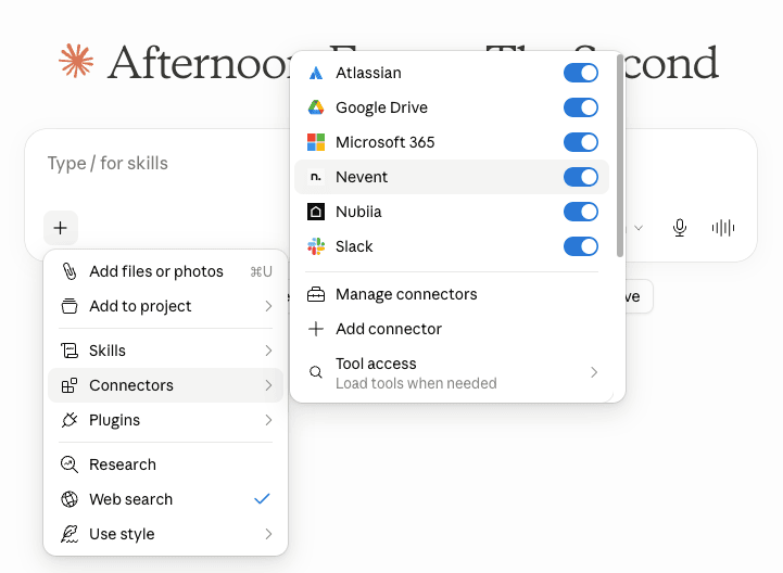 Lista de herramientas disponibles en el chat de Claude Desktop con Nevent visible