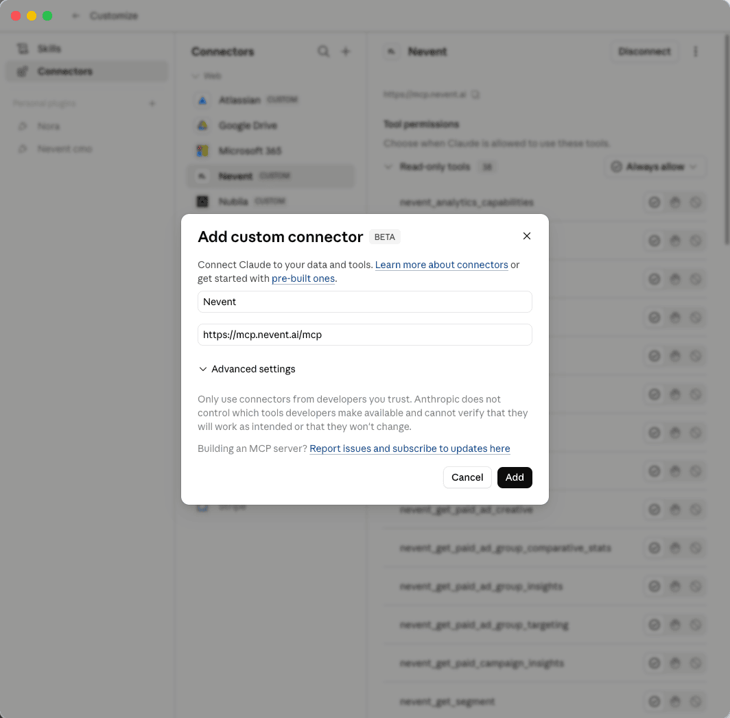 Formulario de conector personalizado con el campo Nombre y URL rellenados