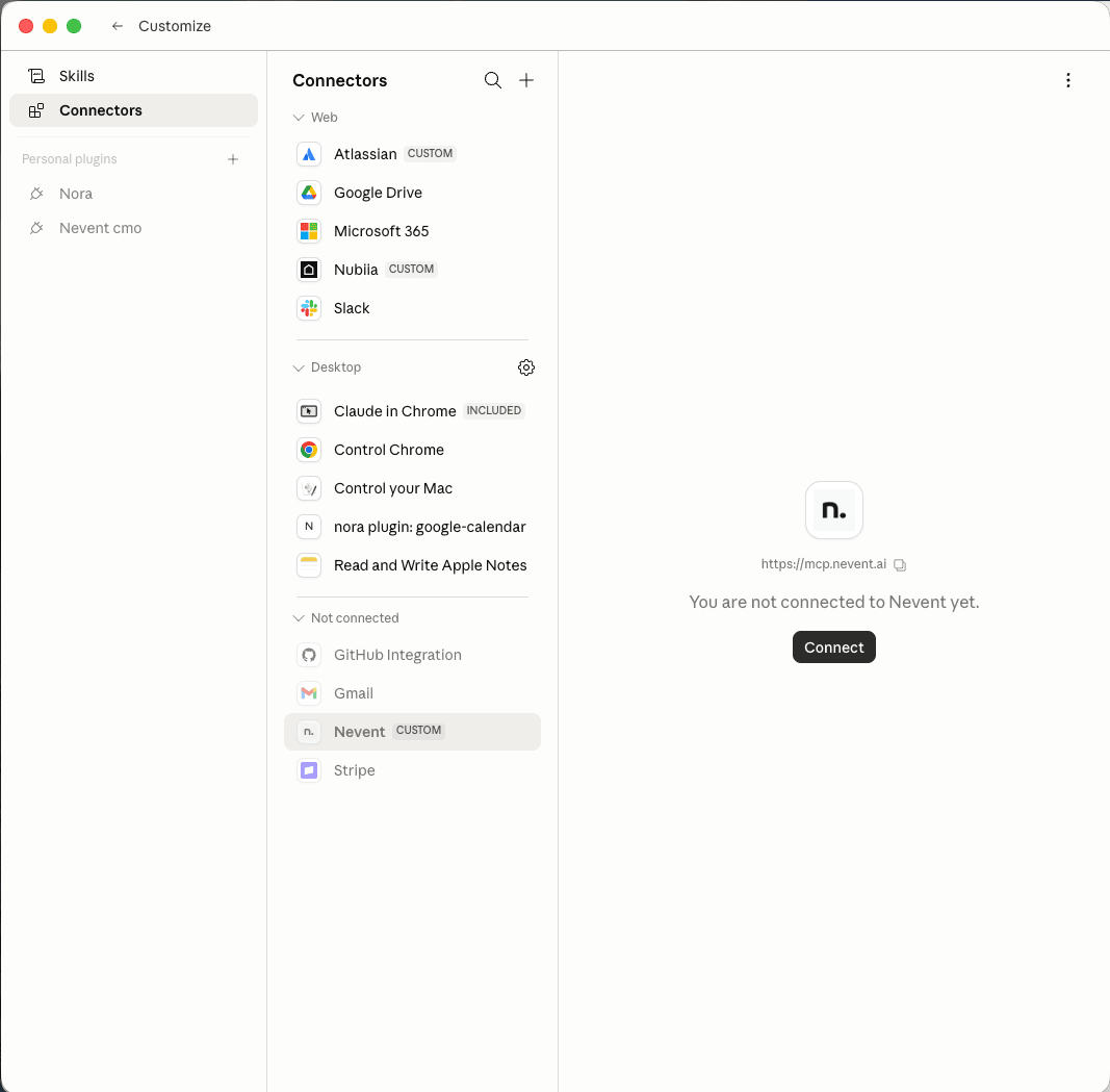 Botón Connect en el formulario del conector y ventana del navegador abriéndose