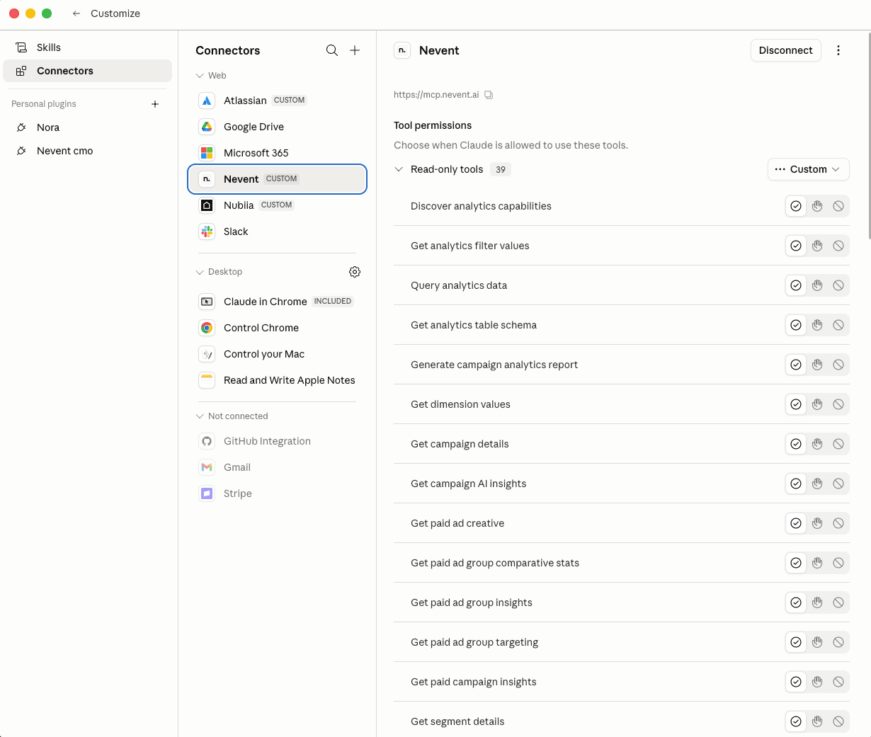 Lista de conectores en Claude Desktop con Nevent en estado Connected