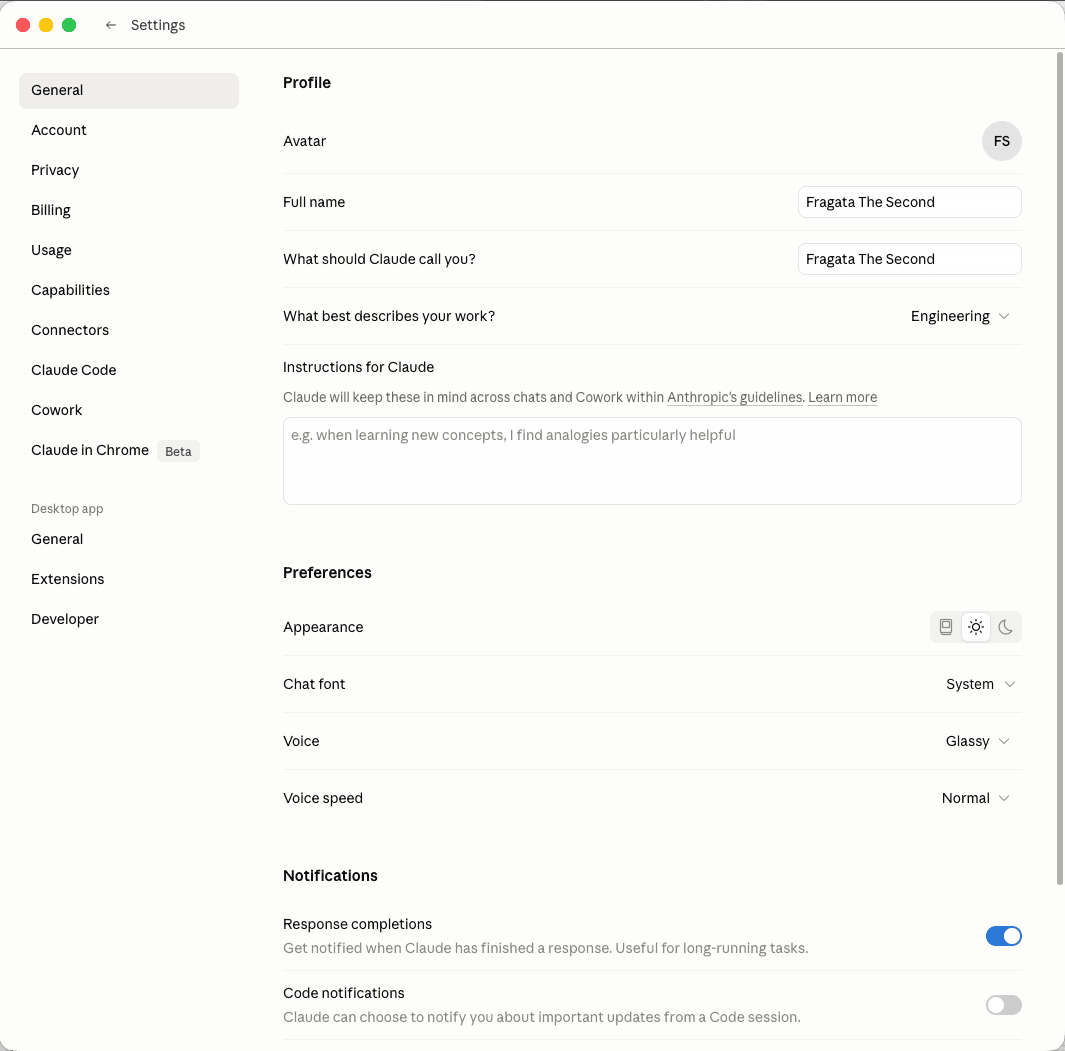 Claude Desktop Settings menu