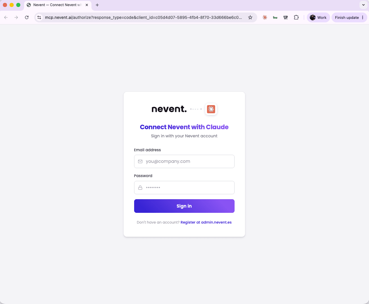 Nevent sign-in screen in the browser