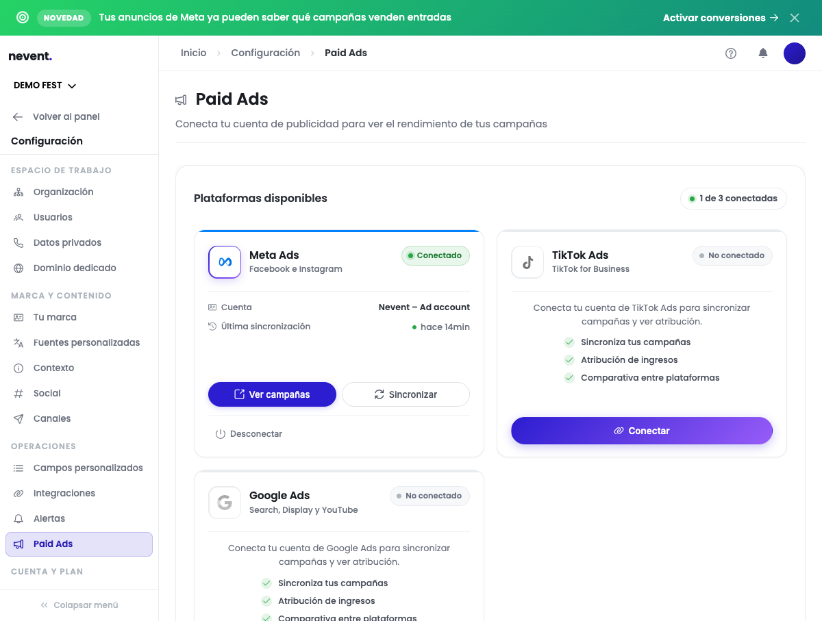 Pantalla de Configuración Paid Ads en Nevent con Meta Ads en estado Conectado, la cuenta "Nevent - Ad account" y la última sincronización hace 14 minutos, junto a TikTok Ads y Google Ads en estado No conectado